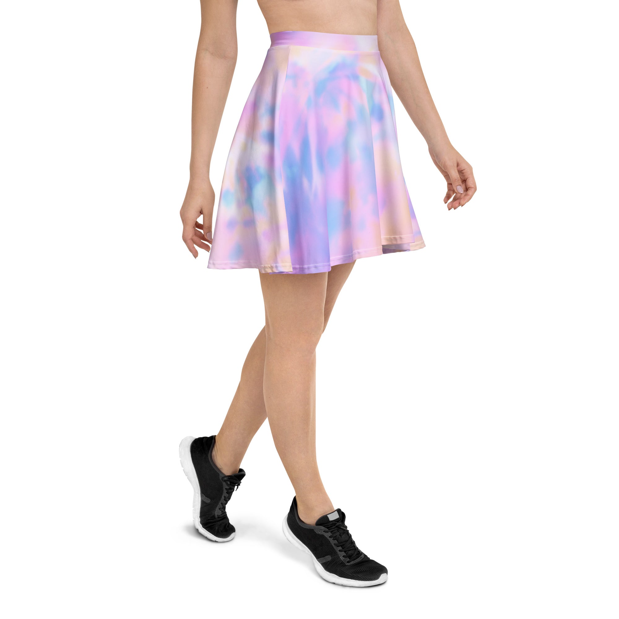 Women’s pastel watercolor tie dye skater skirt with flared silhouette soft iridescent fabric and upf 50 plus protection