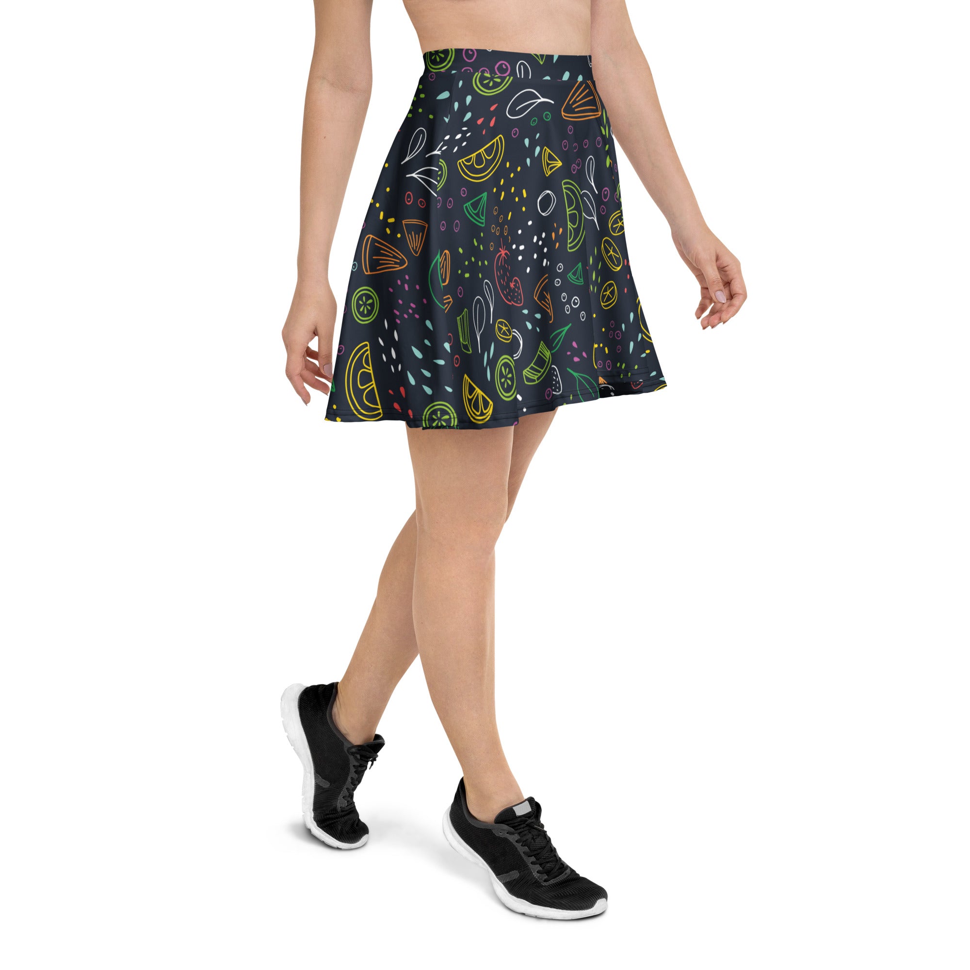 Women’s black neon fruit skater skirt with colorful citrus pattern flowy high waisted upf 50 plus recycled fabric