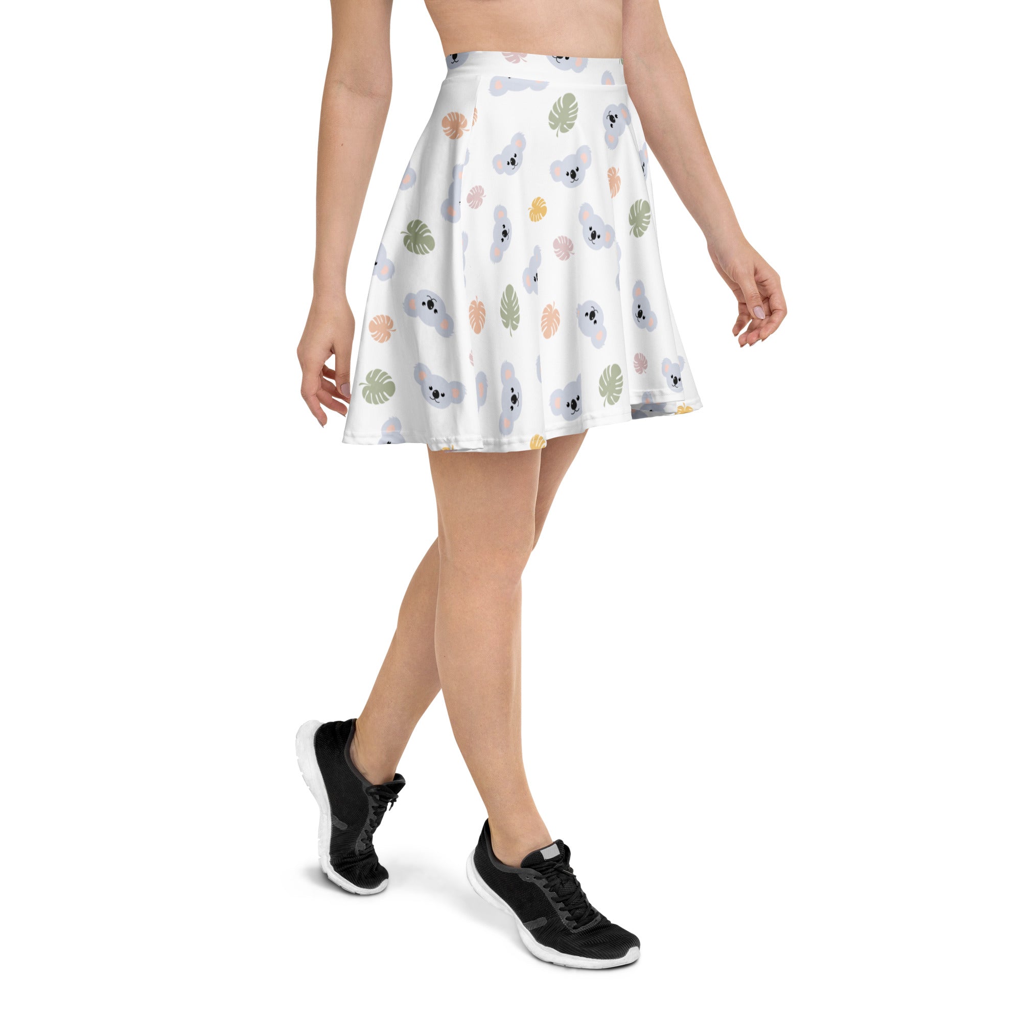 White a-line skater skirt with gray koala print pastel leaves flowy high waisted upf 50 recycled fabric