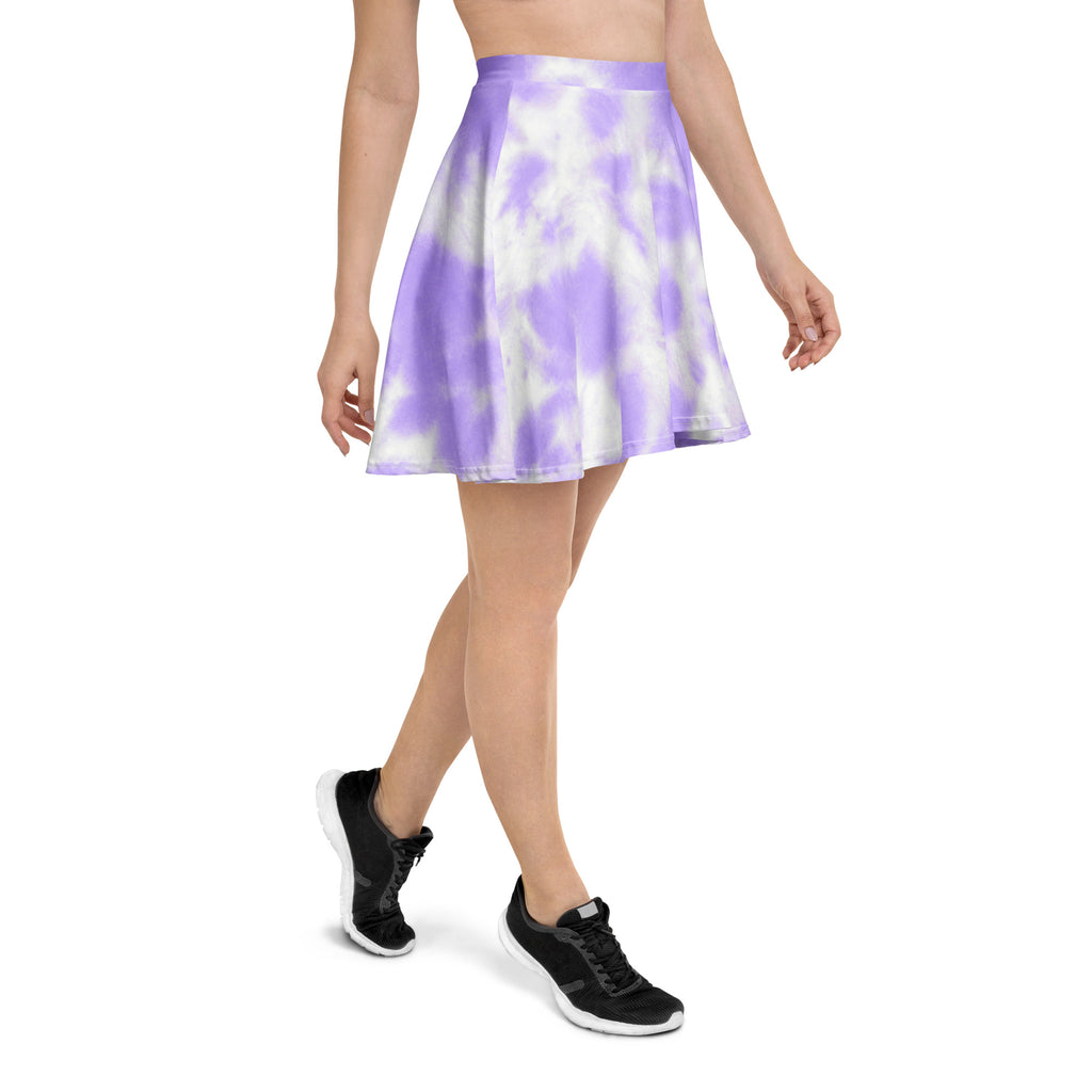 Women’s purple tie dye skater skirt with flowing pleated design high waisted made from recycled fabric with upf 50+