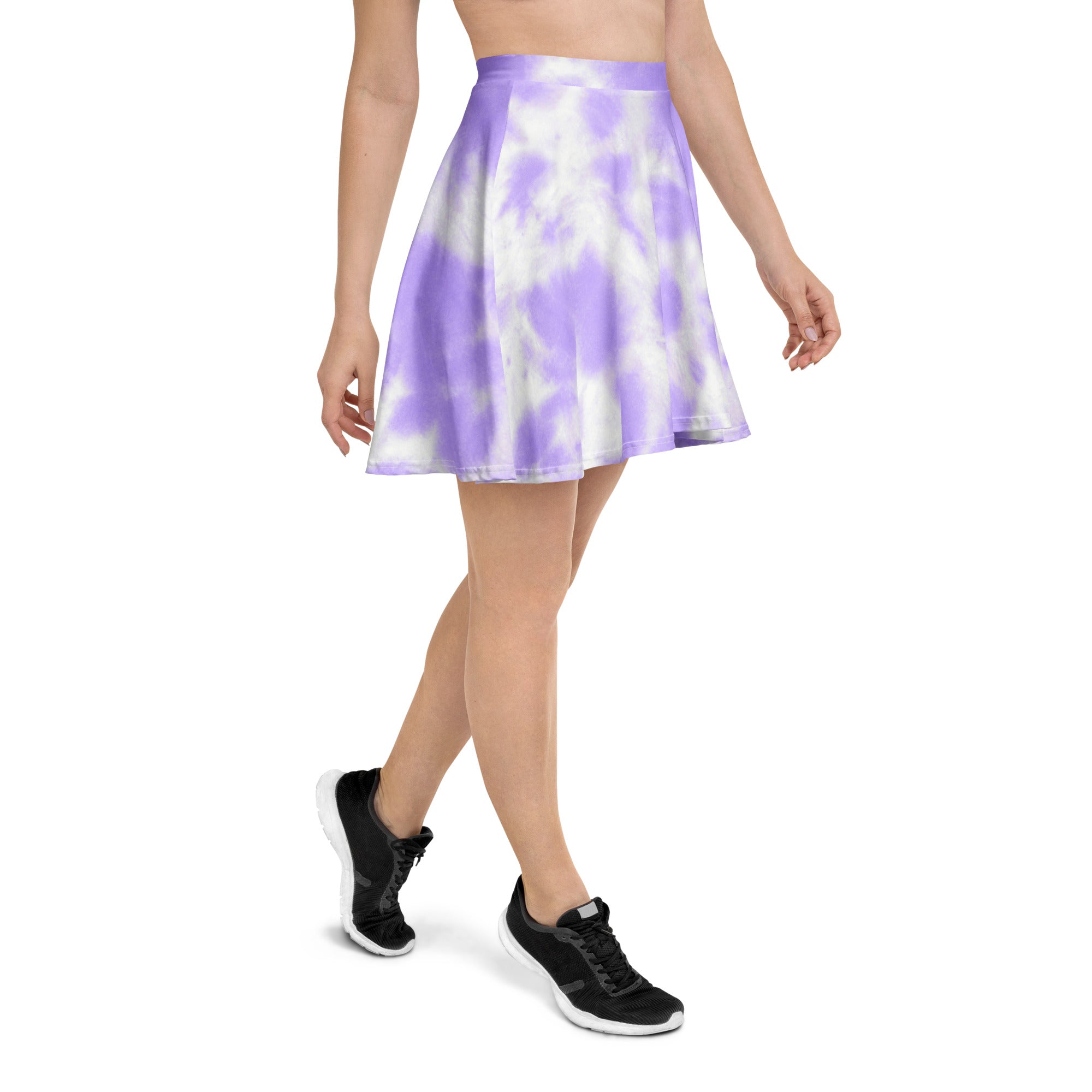 Women’s purple tie dye skater skirt with flowing pleated design high waisted made from recycled fabric with upf 50+