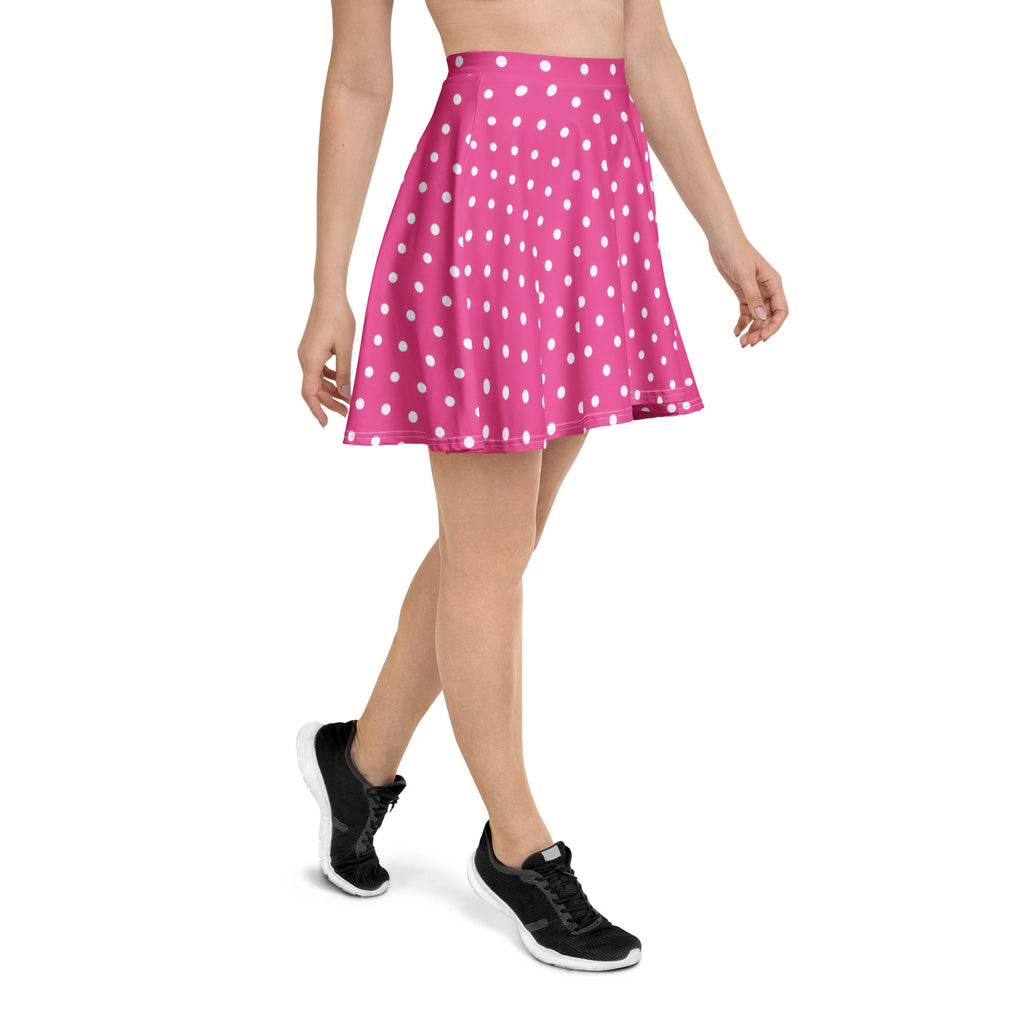 Women’s pink polka dot skater skirt made from smooth recycled fabric with flowy a-line shape and upf 50 plus protection