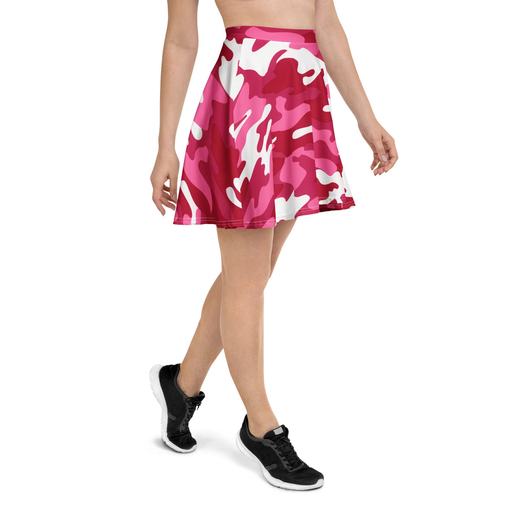 Women’s hot pink camouflage skater skirt with flared design made from smooth stretchy recycled fabric with upf 50+