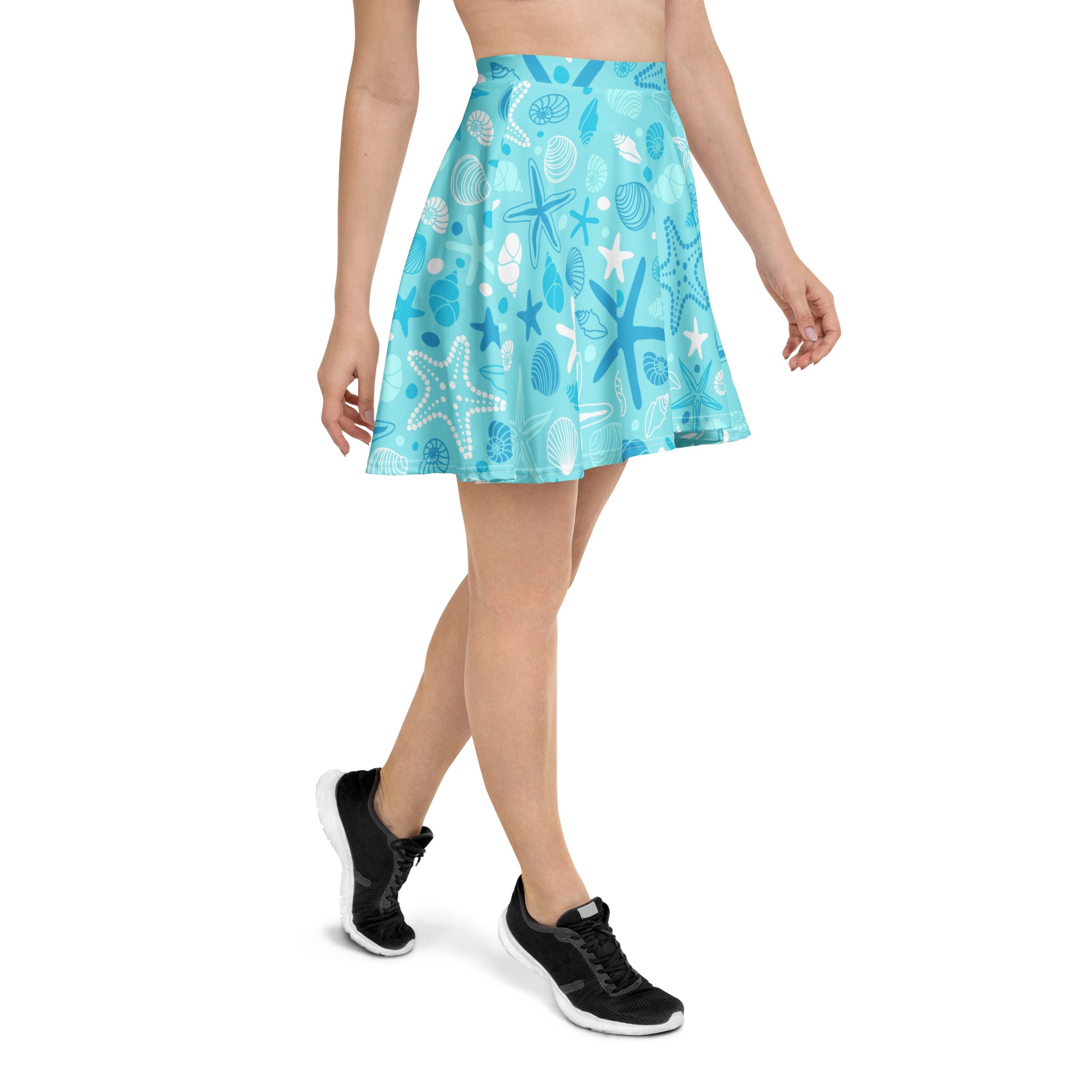 Women’s light blue pleated starfish and shells skater skirt with flowy high waist upf 50 plus and recycled fabric