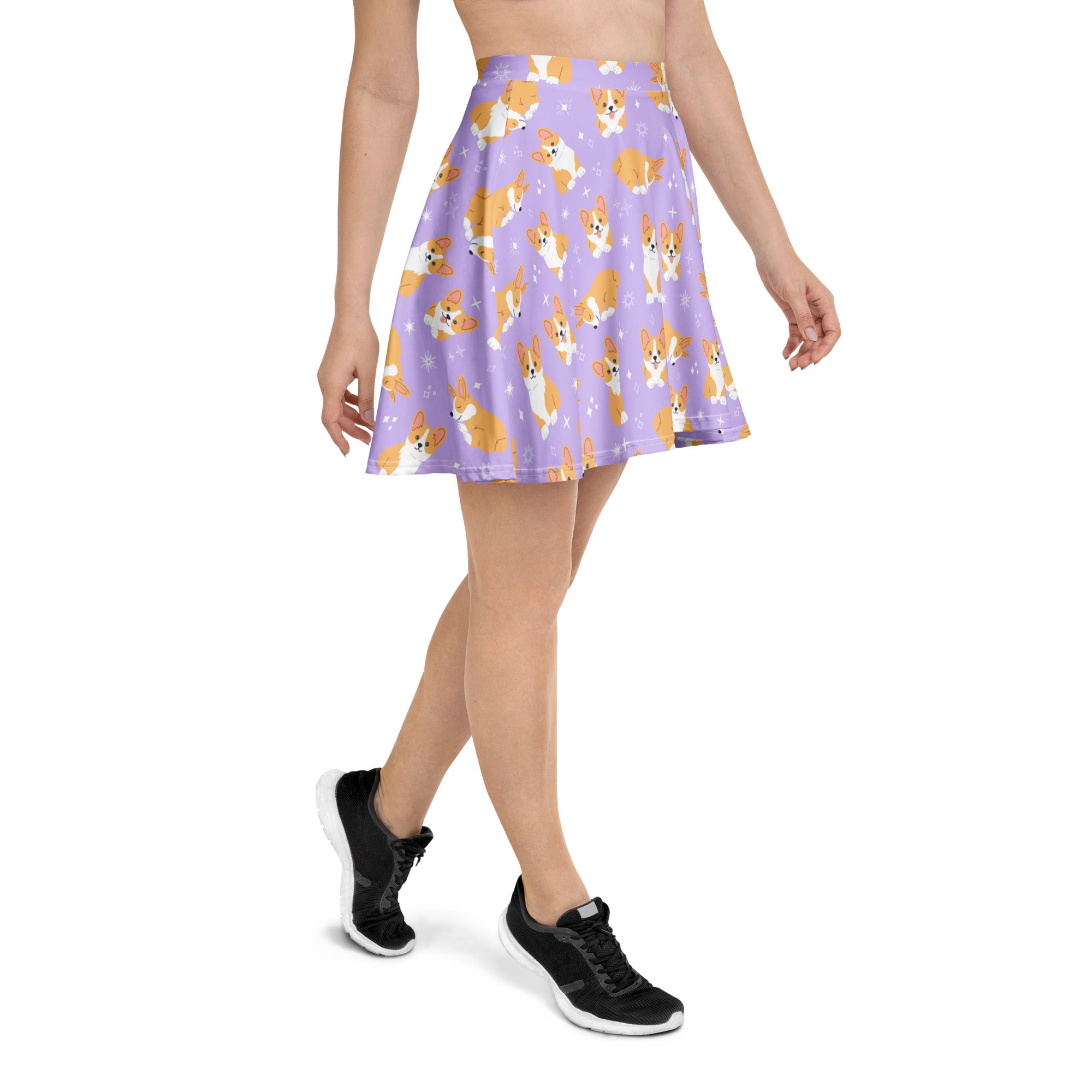 Women’s purple corgi dog skater skirt with playful orange and white corgi pattern flowy high waisted upf 50 plus recycled fabric