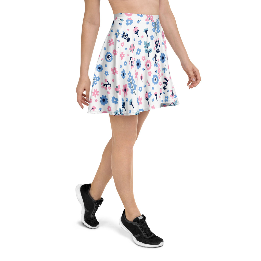 White floral skater skirt with pink and blue flowers, flowy high waisted with UPF 50 plus recycled fabric
