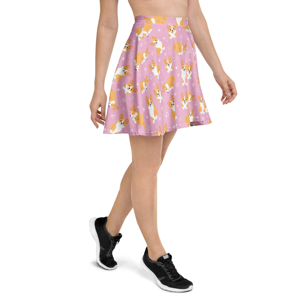 Women s pink corgi dog skater skirt with playful cartoon corgis pleated flowy high waisted recycled fabric UPF 50+