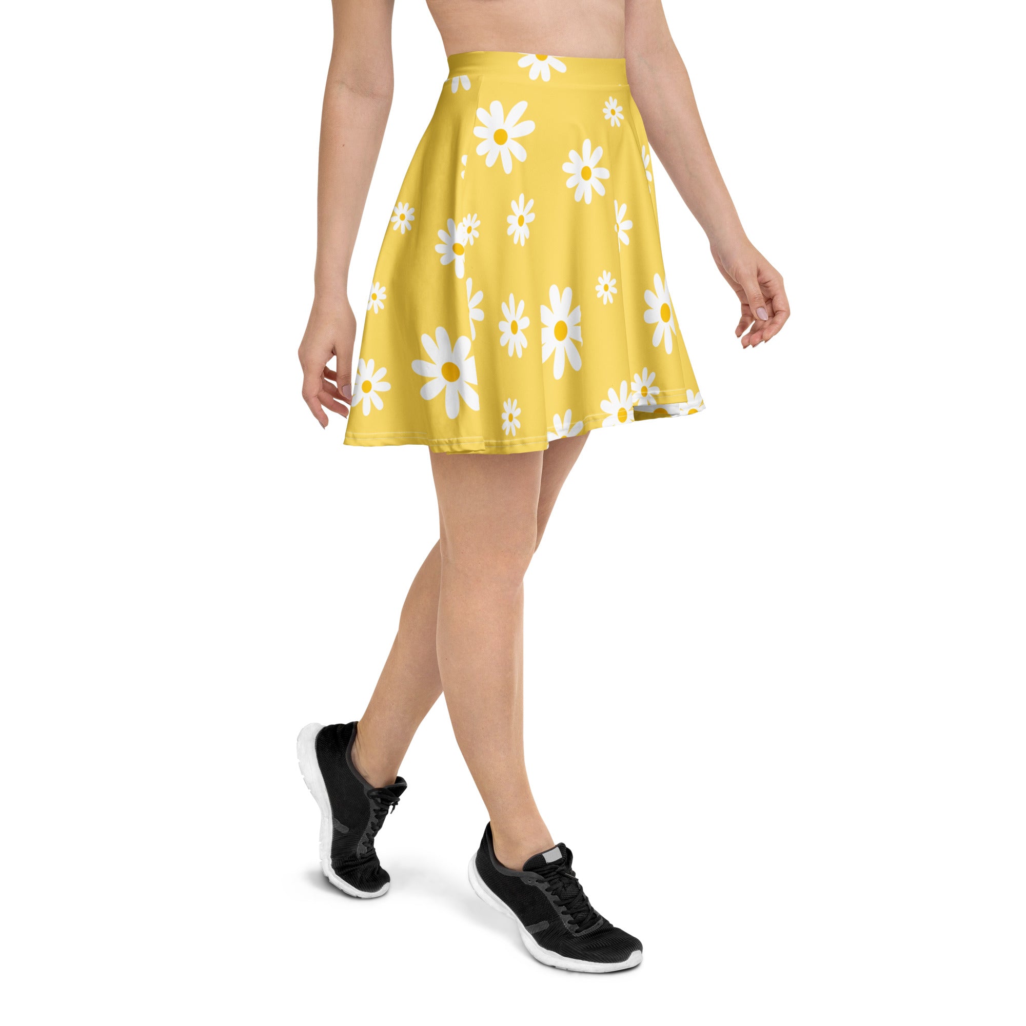 Women’s yellow daisy skater skirt with white floral pattern flowy high waisted made from recycled fabric with upf 50+