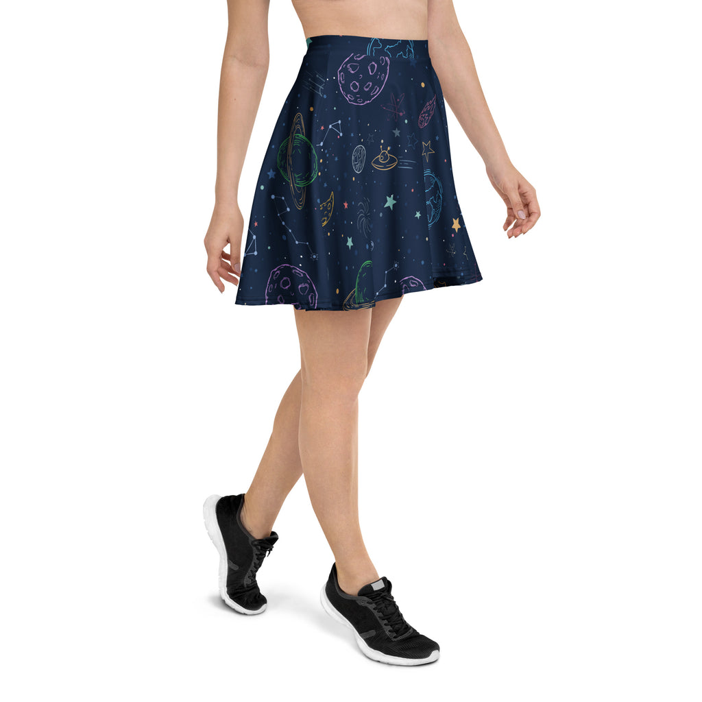 Women’s navy blue skater skirt with colorful galaxy space print high waisted flowy fabric upf 50 plus recycled material
