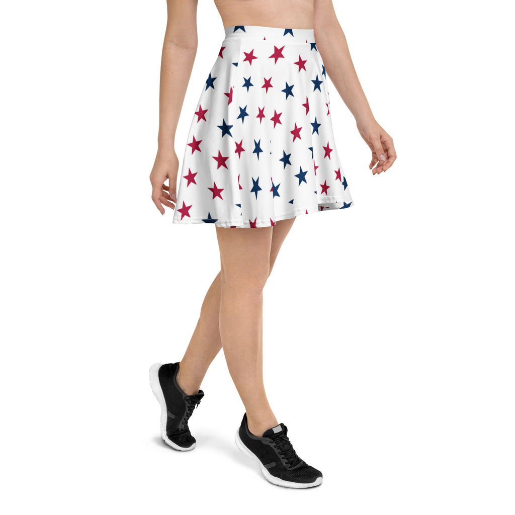 White skater skirt with red and blue stars flowy high waisted made from recycled fabric with upf 50 plus protection