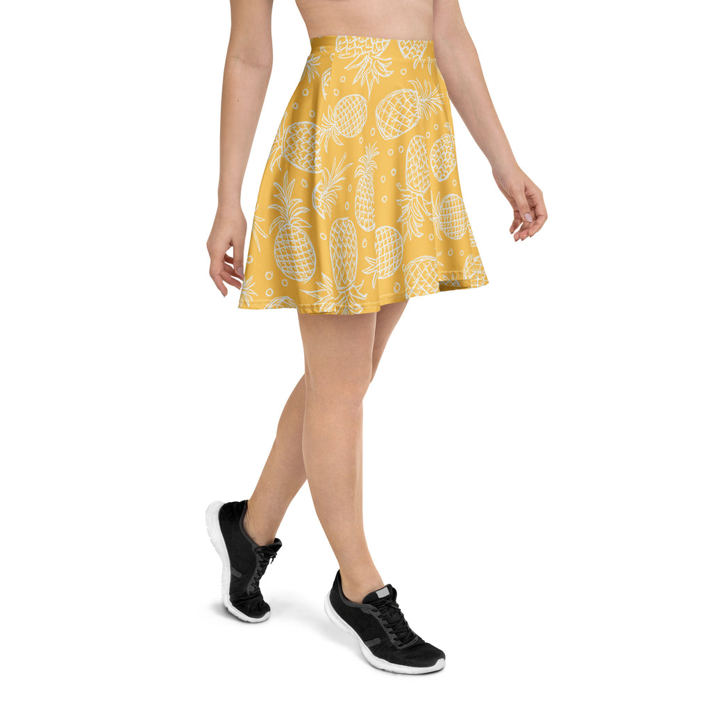Yellow women’s pineapple skater skirt with white pineapple patterns flowy high waisted recycled fabric upf 50+