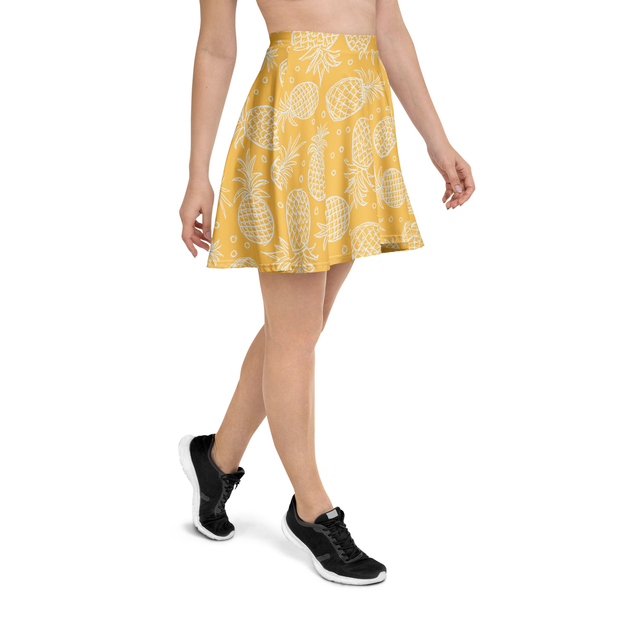 Yellow women’s pineapple skater skirt with white pineapple patterns flowy high waisted recycled fabric upf 50+