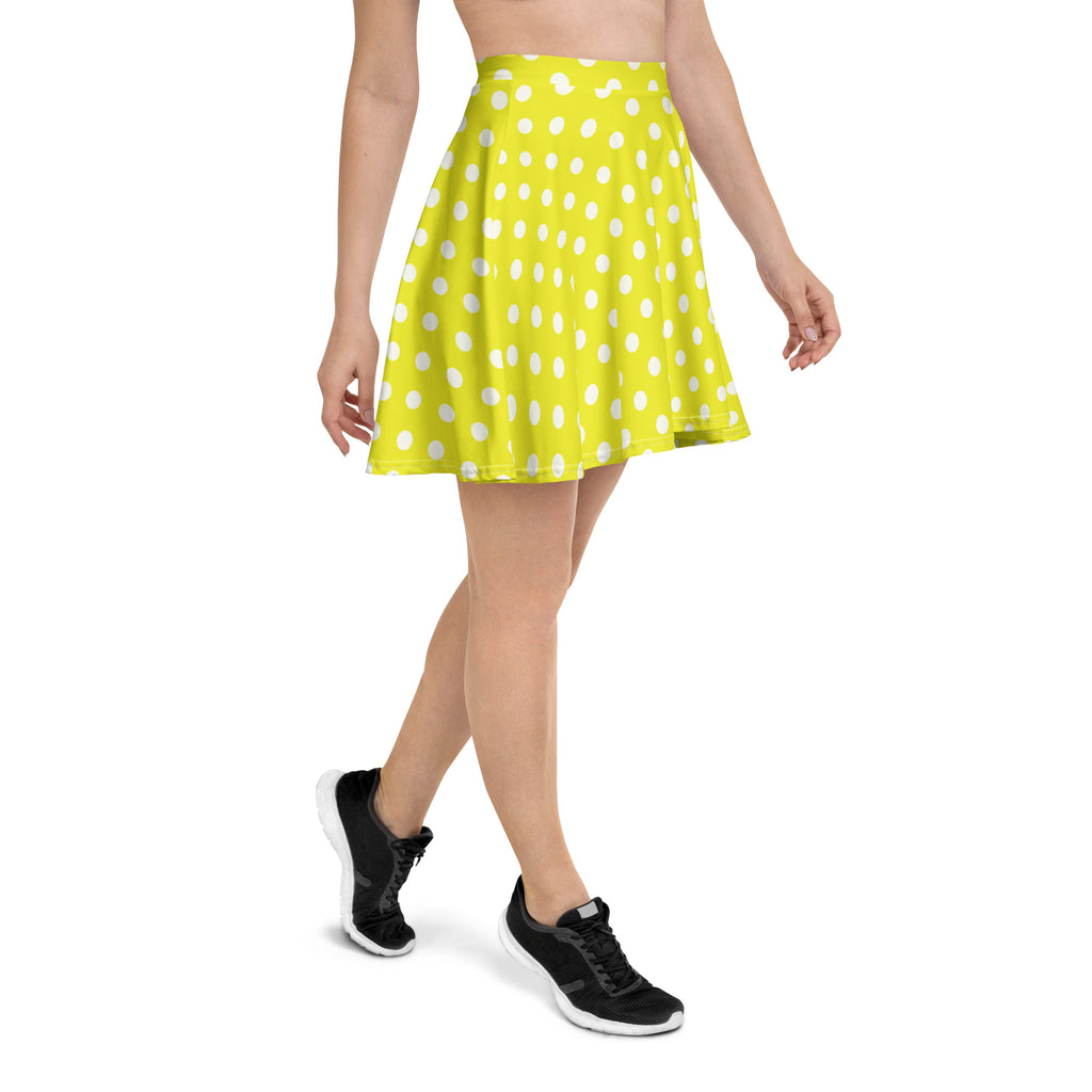 Women’s yellow polka dot skater skirt in bright lime green with lightweight flowing fabric and UPF 50 plus recycled material