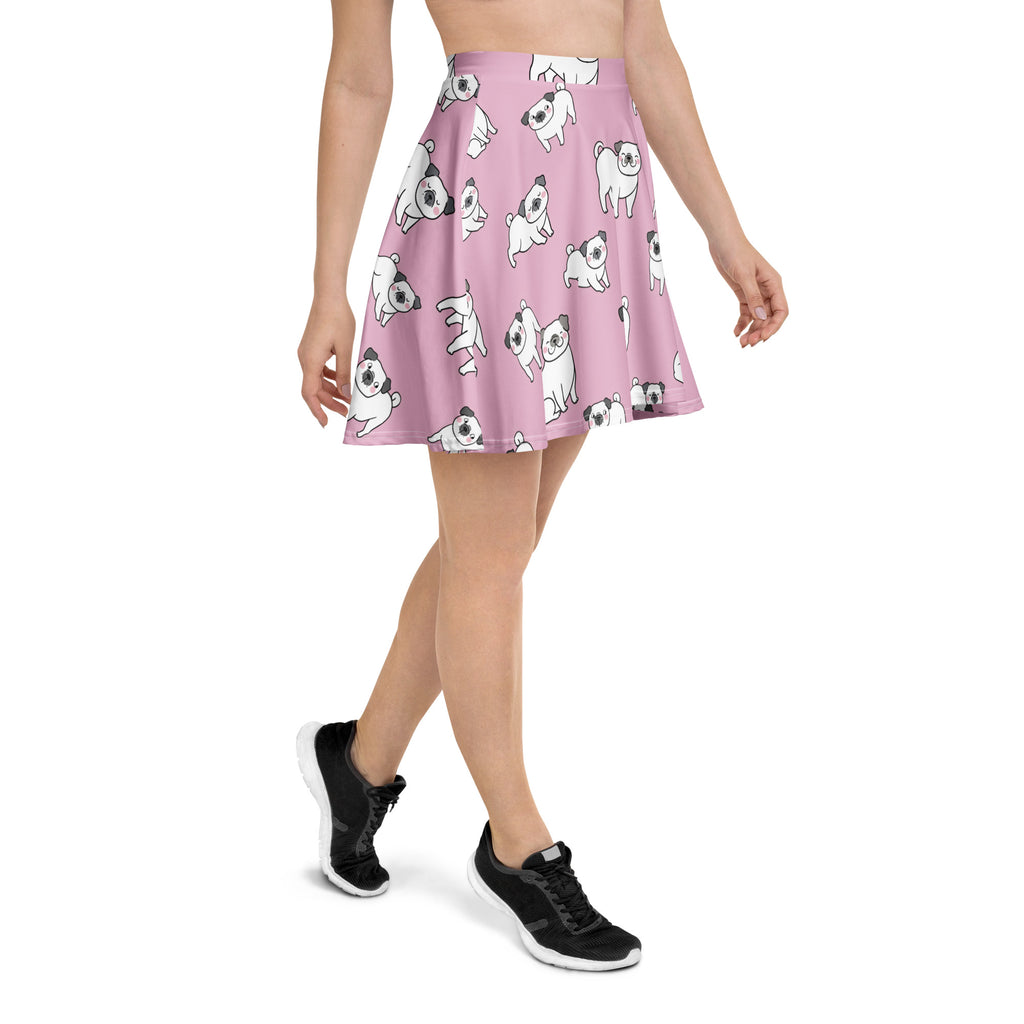 Women’s pink pug skater skirt with white and black cartoon pugs flowy high waisted recycled fabric upf 50 plus