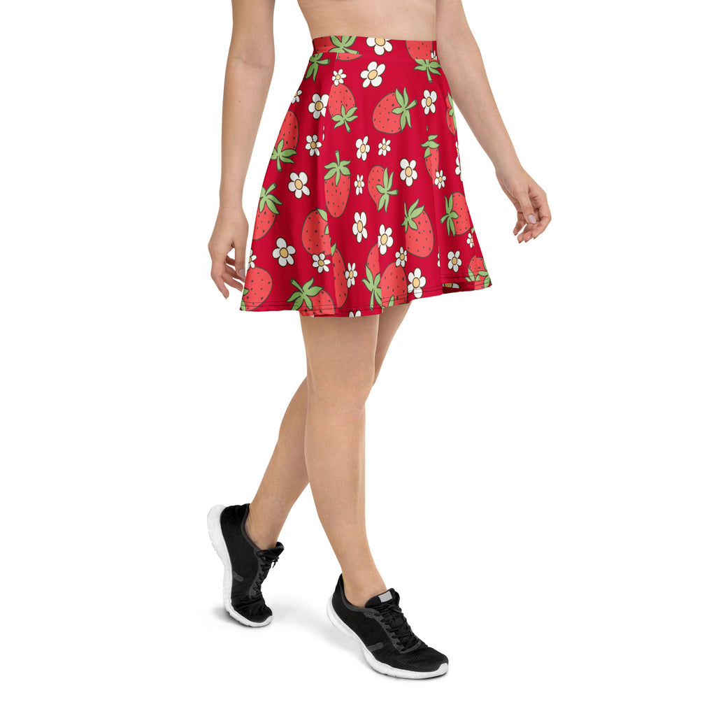 Women’s red strawberry skater skirt with white flower print flowy high waisted upf 50 plus recycled fabric