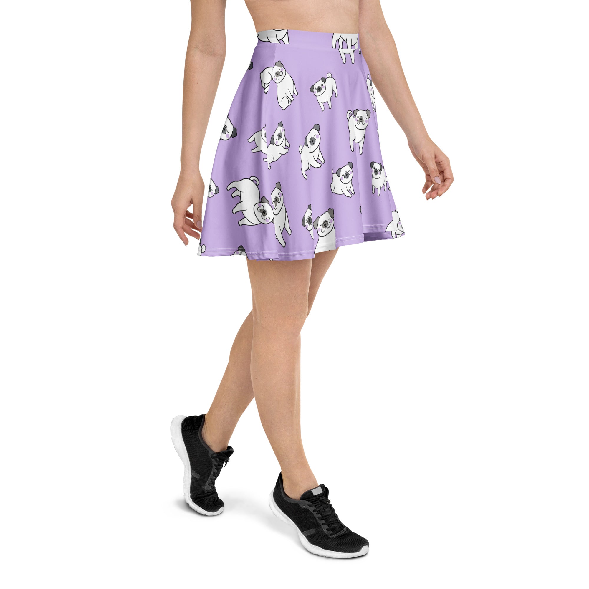 Women’s purple corgi dog skater skirt in flowy high waisted lavender fabric with white pug print and upf 50 plus