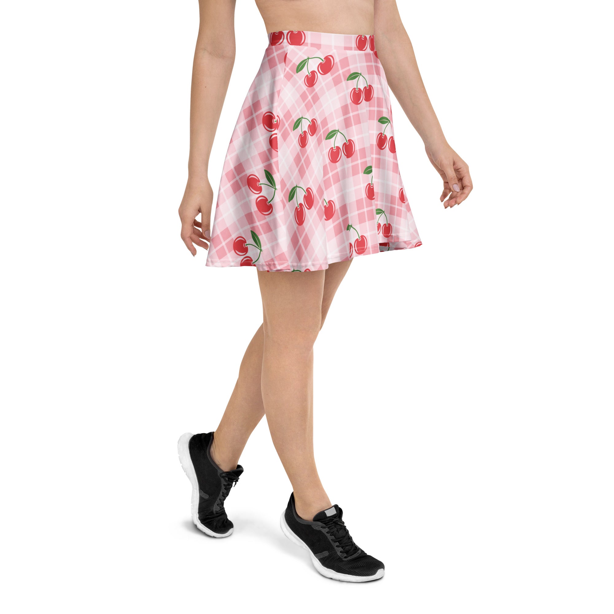 Women’s pink plaid cherry skater skirt with argyle pattern red cherries lightweight flowing fabric upf 50 recycled material