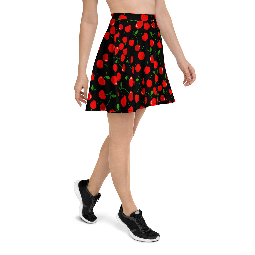 Women’s black cherry skater skirt with red cherry print green stems flowy high waisted upf 50 plus recycled fabric