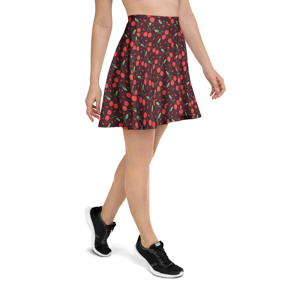 Women’s dark cherry skater skirt with vibrant cherry pattern flowy high waisted upf 50 plus recycled fabric