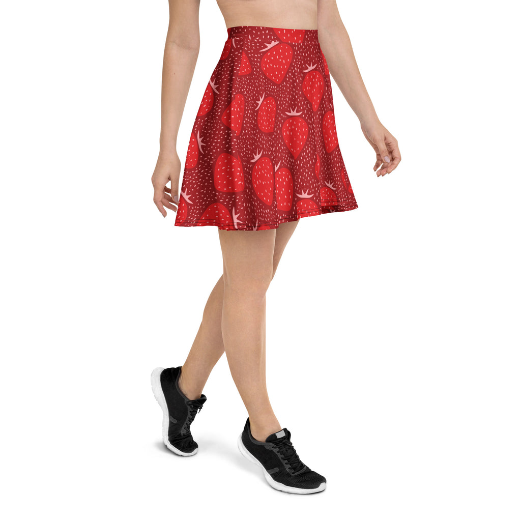 Red strawberry patterned flared skirt womens floral skater skirt high waisted flowy with upf 50 and recycled fabric
