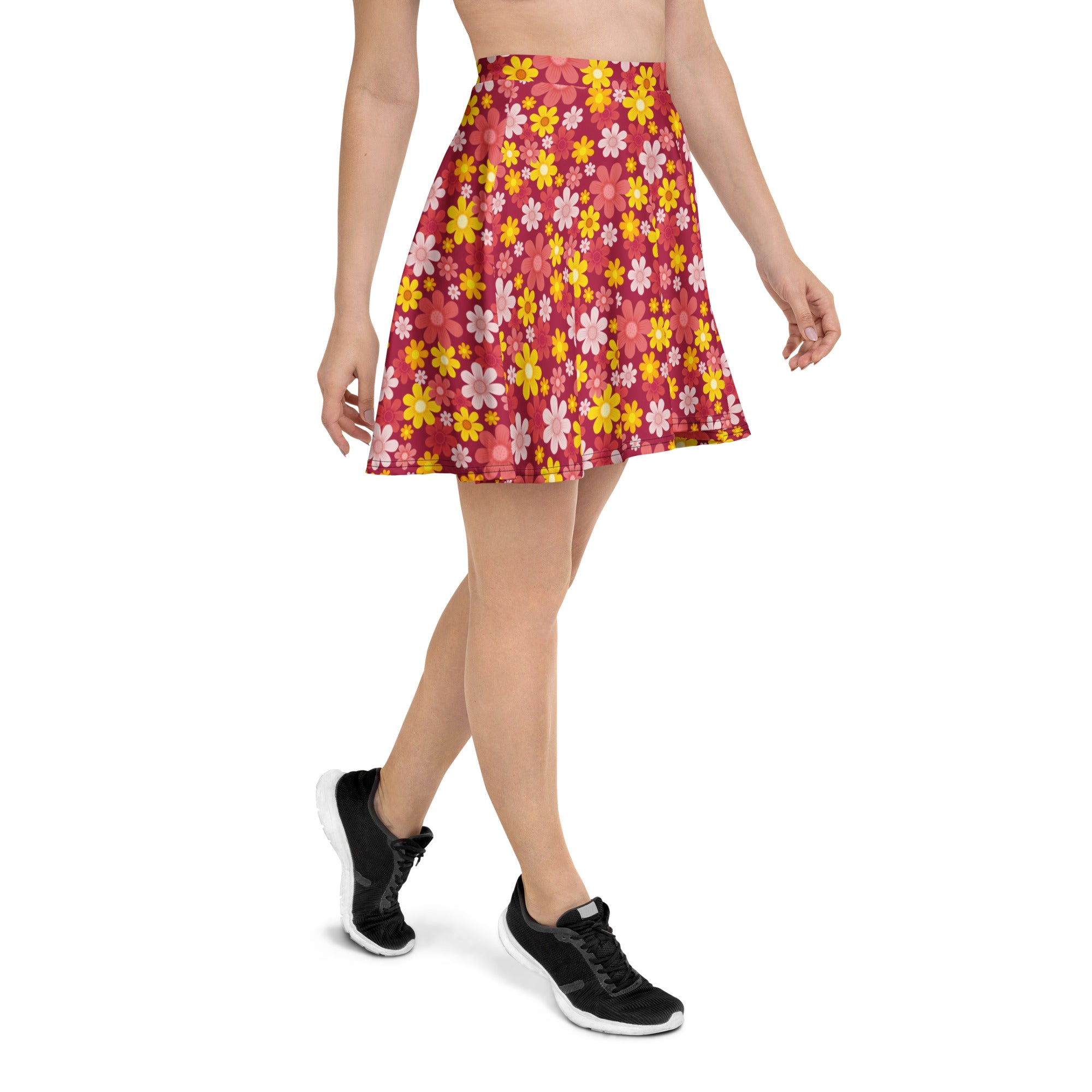 Women’s red retro floral skater skirt with flared vibrant fabric featuring yellow and pink flowers high waisted and flowy