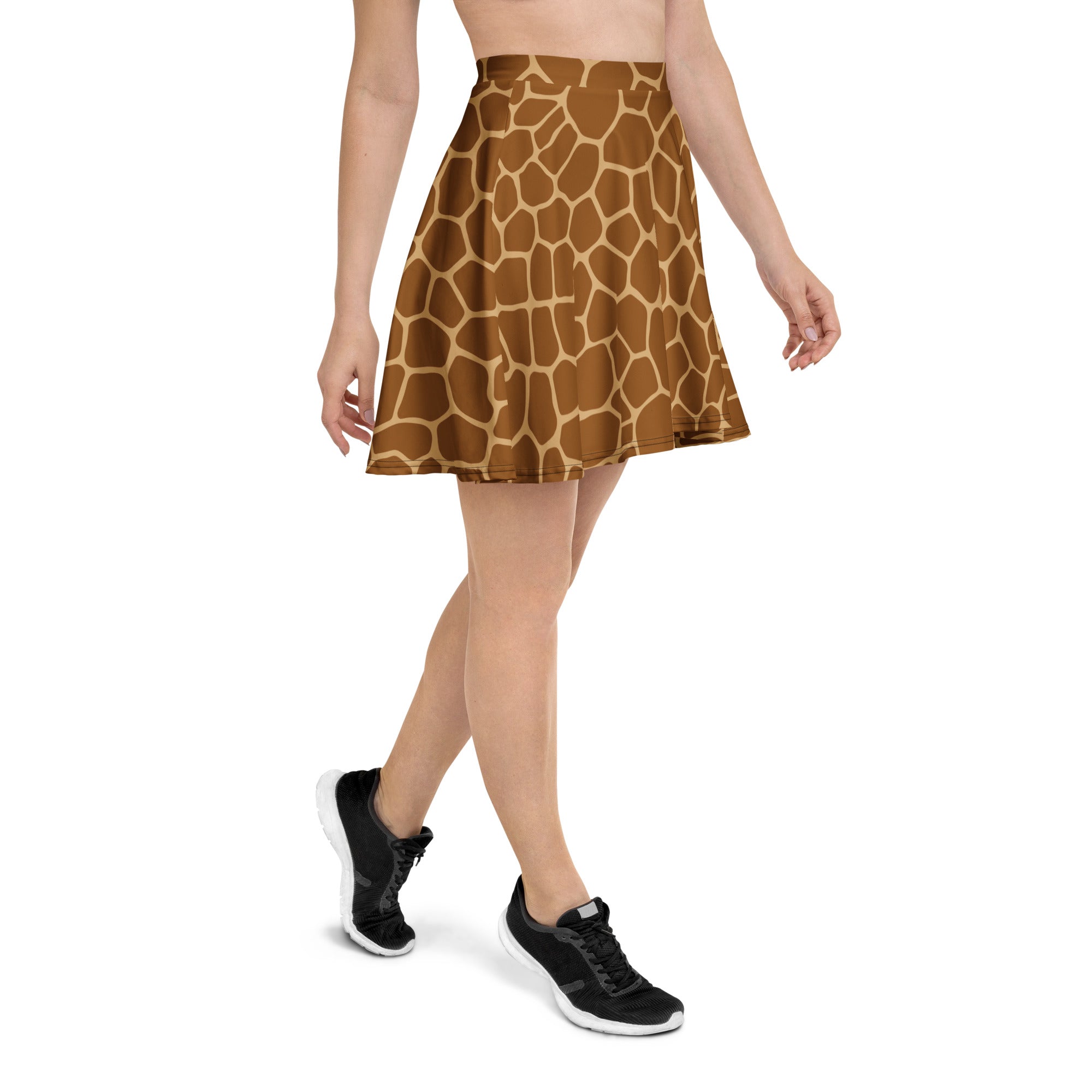 Women’s giraffe print skater skirt with flowy flared design in brown tan lightweight recycled fabric with upf 50+