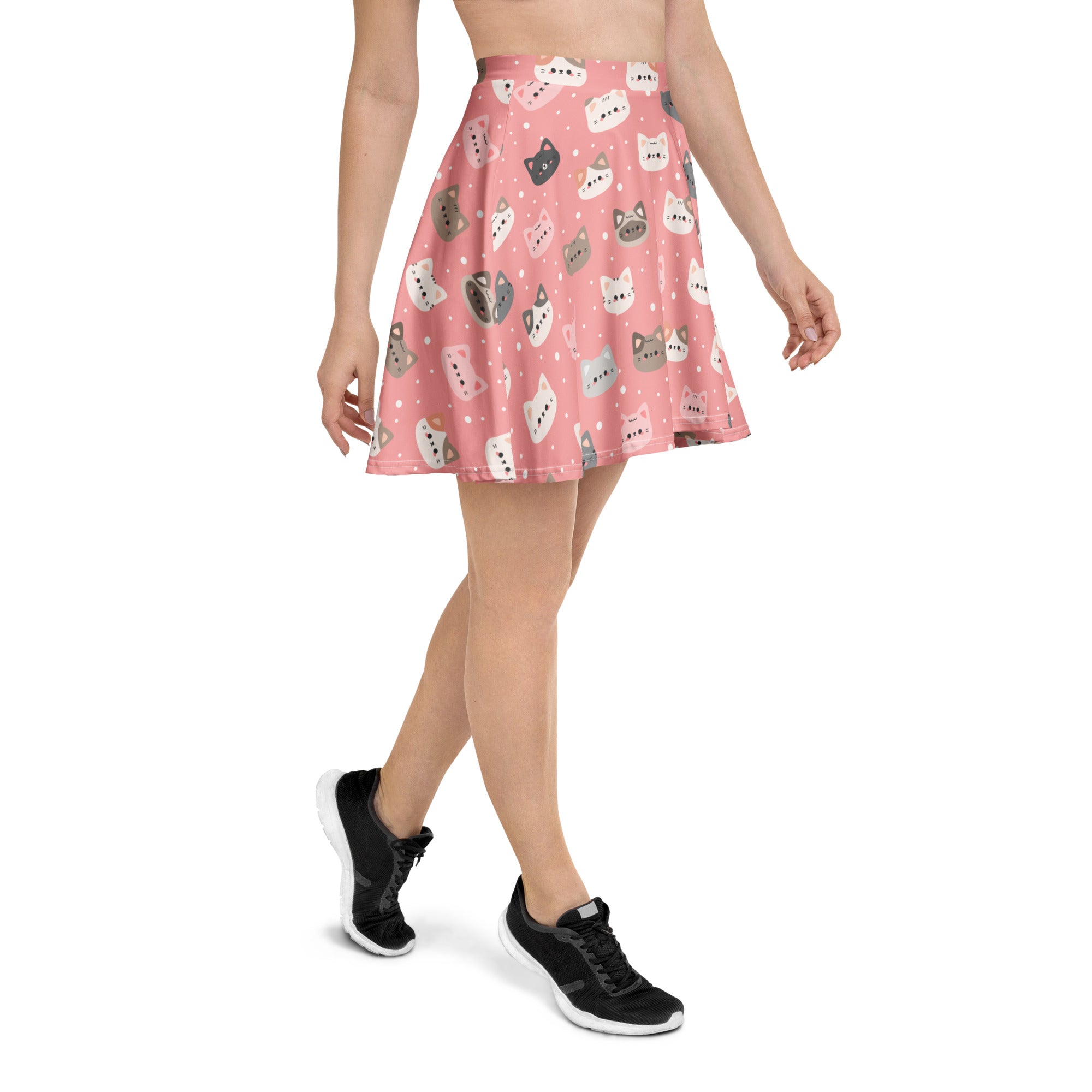Women’s cute pink cat faces skater skirt with playful cartoon cats high waisted flowy upf 50 plus recycled fabric