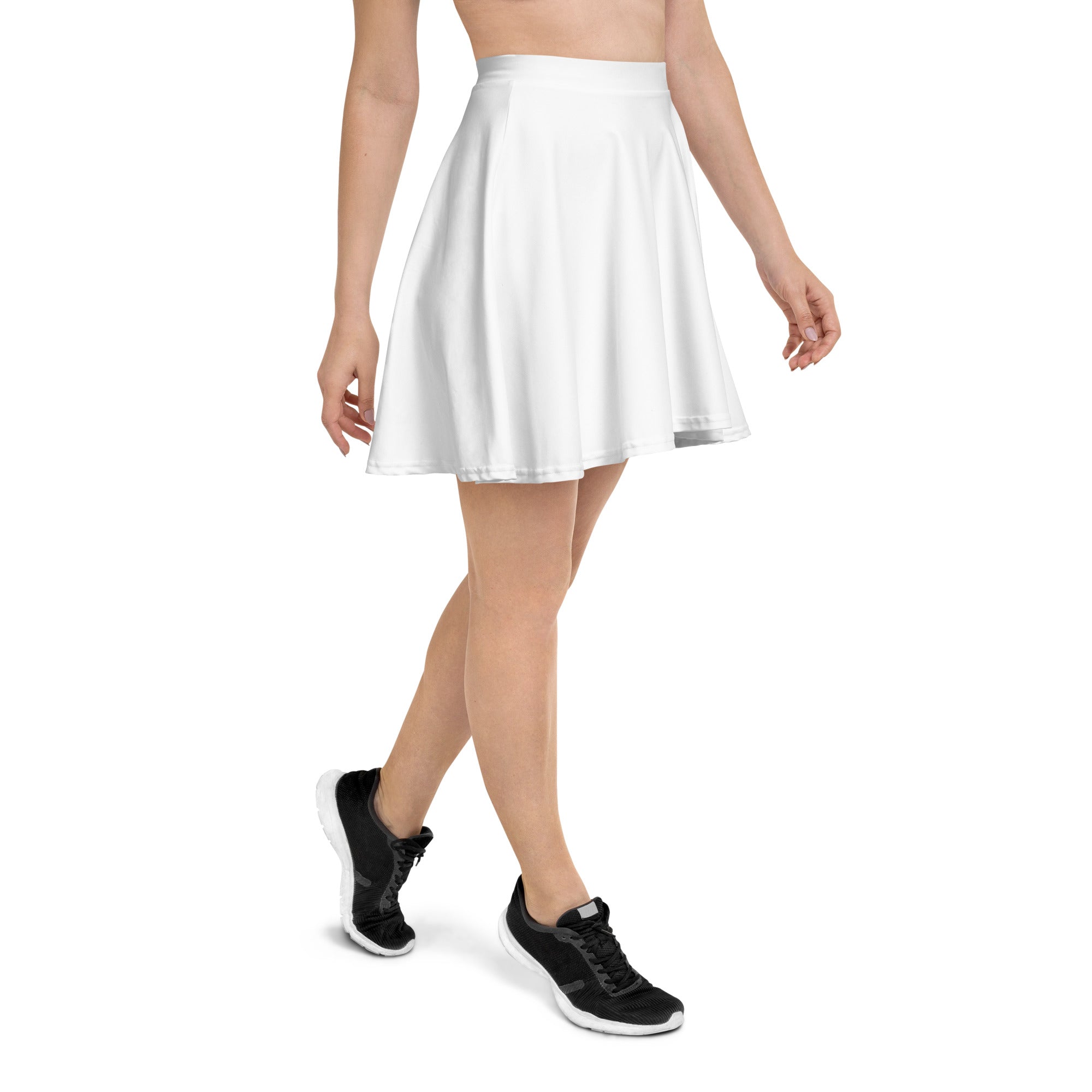 White pleated skater skirt for women made with recycled fabric featuring a flowy high waisted design and upf 50 plus protection