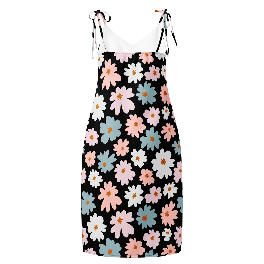 Women’s retro black floral slip dress midi with adjustable tie straps fitted silhouette and built in bra