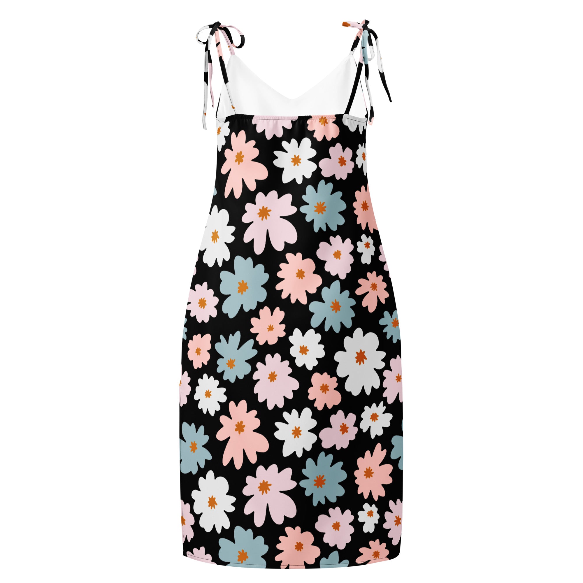 Women’s retro black floral slip dress midi with adjustable tie straps fitted silhouette and built in bra