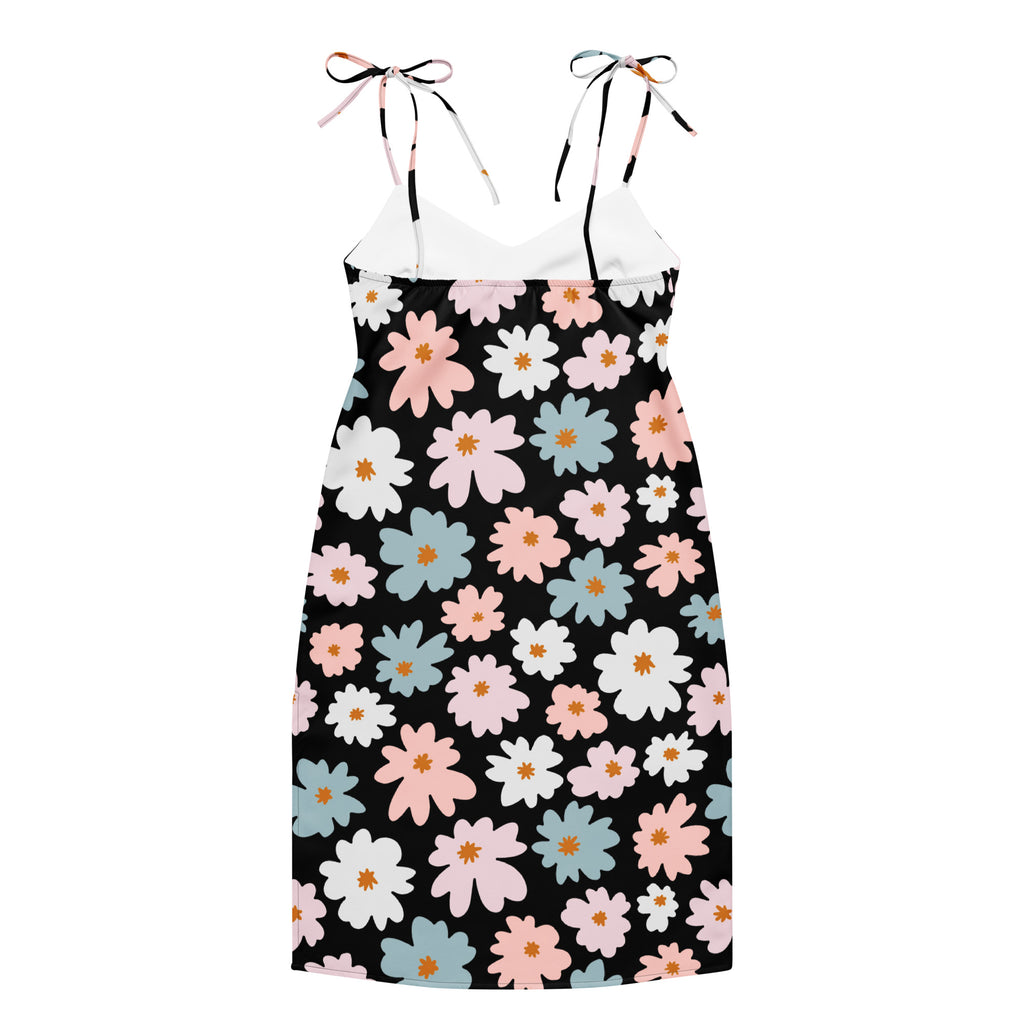 Women’s retro floral slip dress midi dress with adjustable tie straps fitted silhouette black with pastel daisies