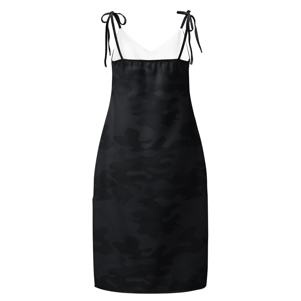 Women’s black satin camo-patterned midi slip dress with adjustable tie straps and built-in bra front view