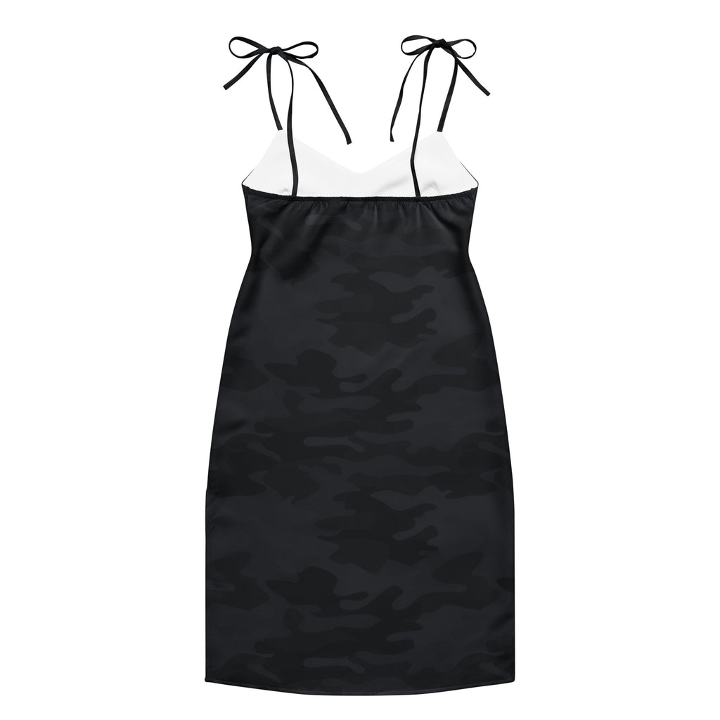 Women’s black satin camo-patterned midi slip dress with white underlayer adjustable black tie straps and built-in bra