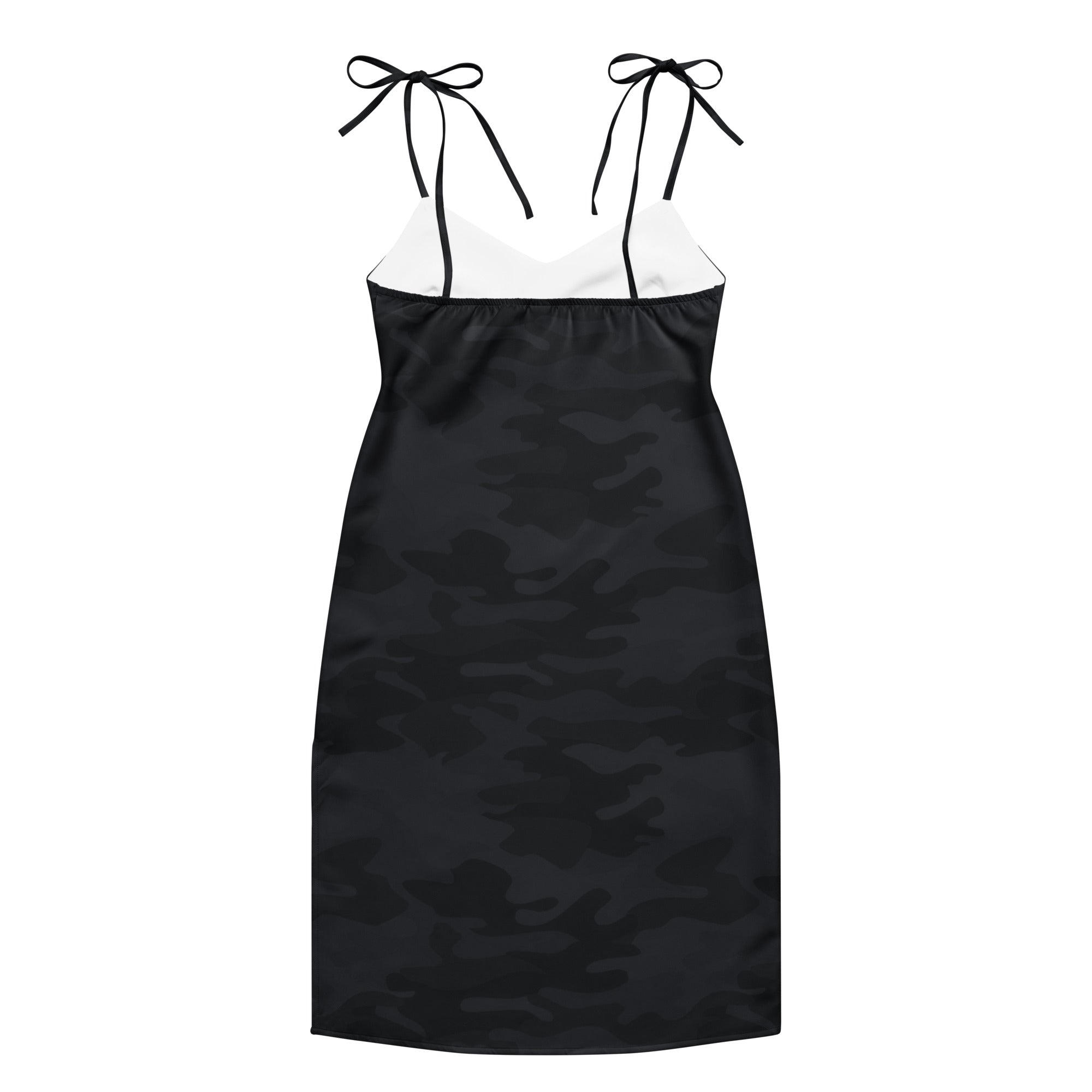 Women’s black satin camo-patterned midi slip dress with white underlayer adjustable black tie straps and built-in bra