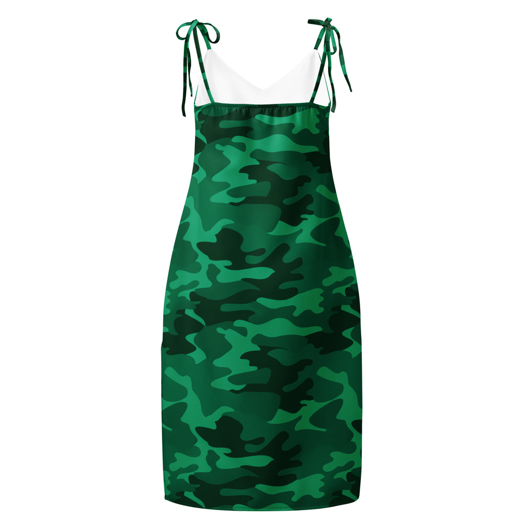 Women’s green camouflage midi slip dress with adjustable spaghetti tie straps and built in bra