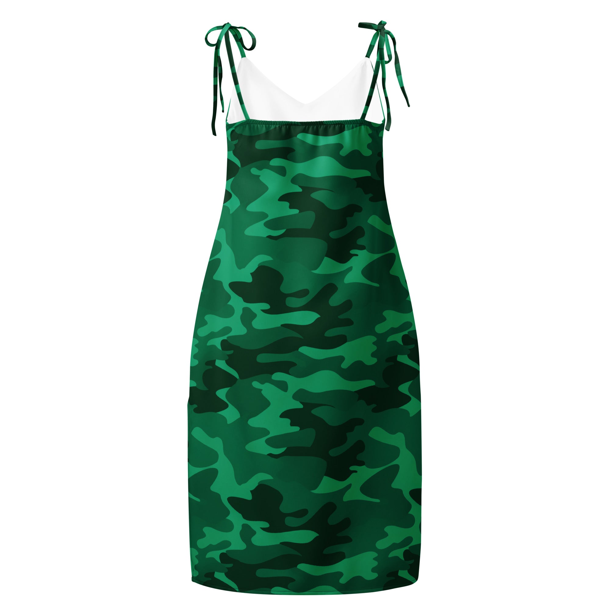 Women’s green camouflage midi slip dress with adjustable spaghetti tie straps and built in bra