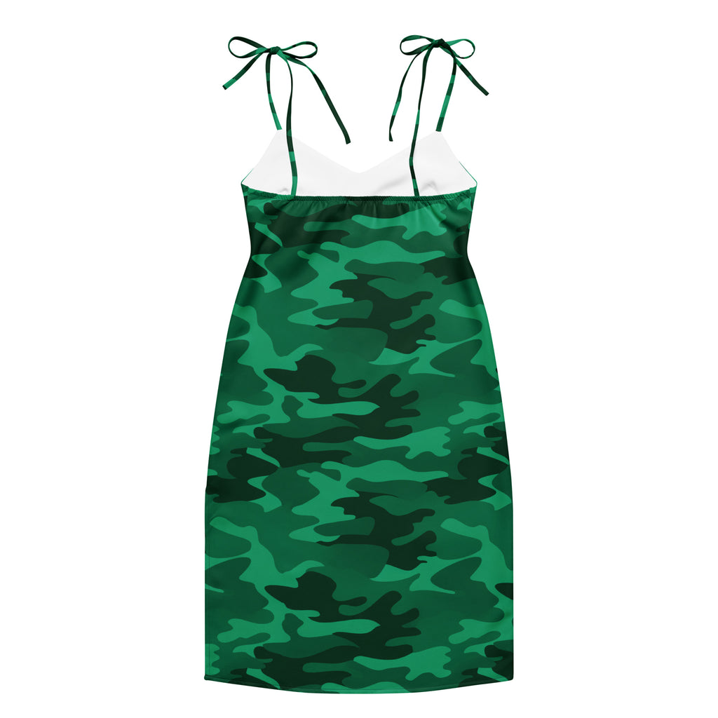 Women’s green camouflage slip dress midi with adjustable tie straps satin finish and built-in bra