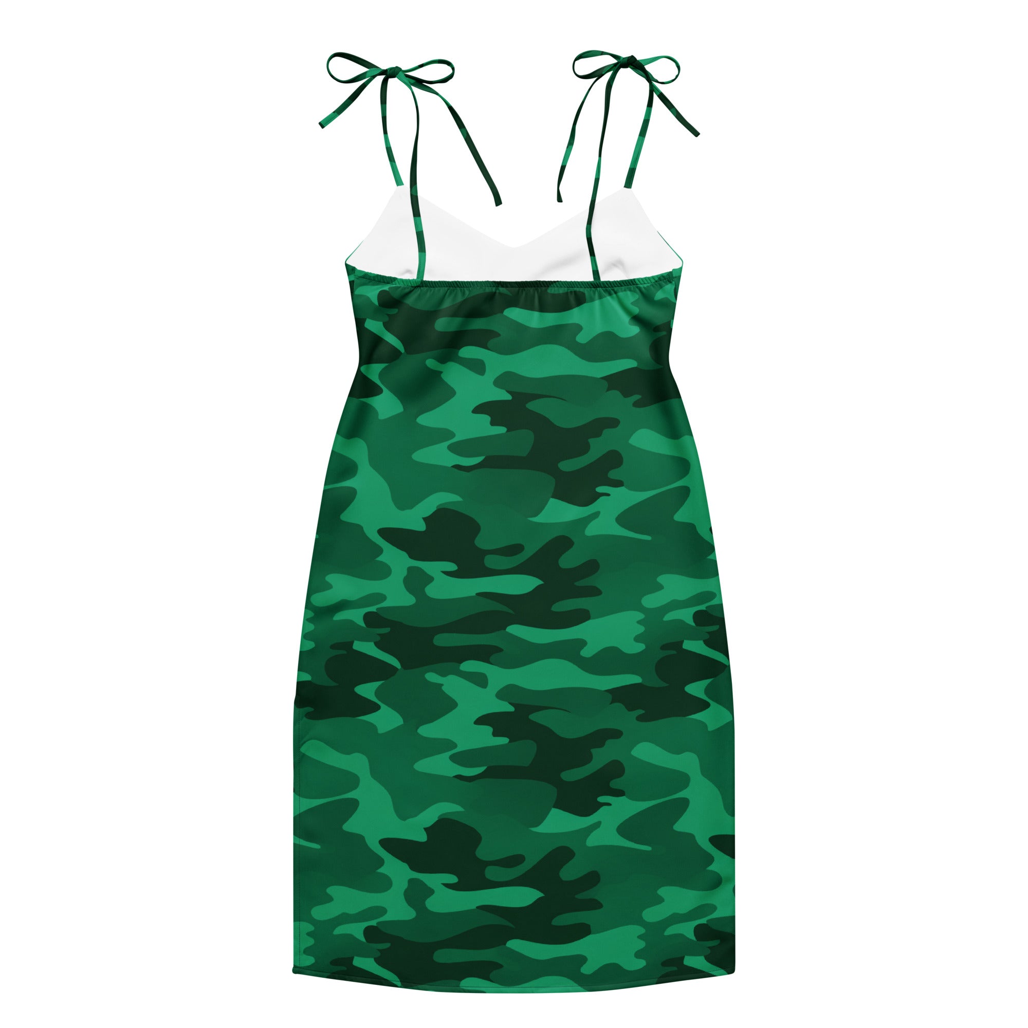 Women’s green camouflage slip dress midi with adjustable tie straps satin finish and built-in bra