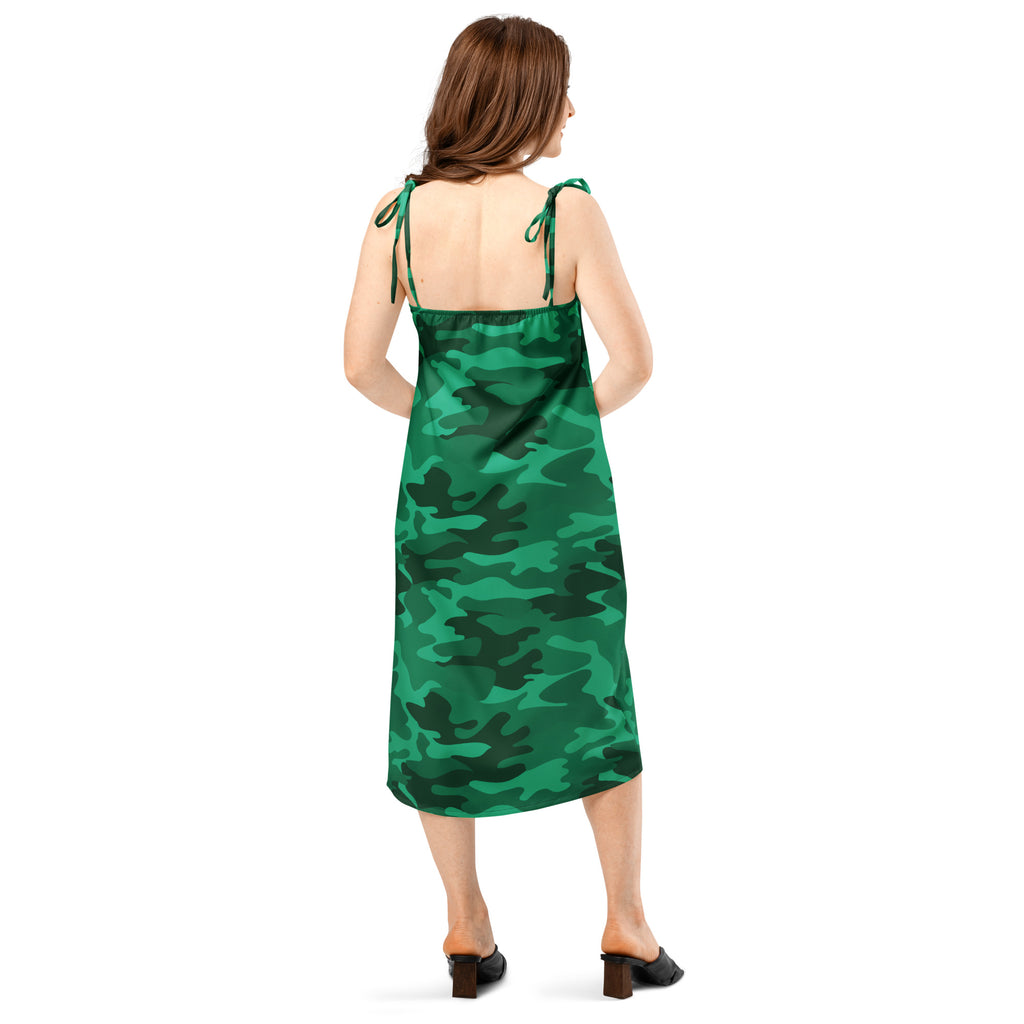 Women’s green camouflage satin slip dress midi with thin adjustable tie back straps and built in bra shown from back