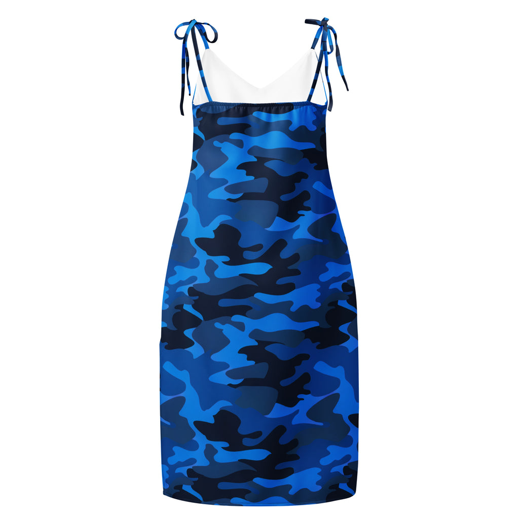 Women’s blue and black camouflage midi slip dress with adjustable tied shoulder straps and built in bra