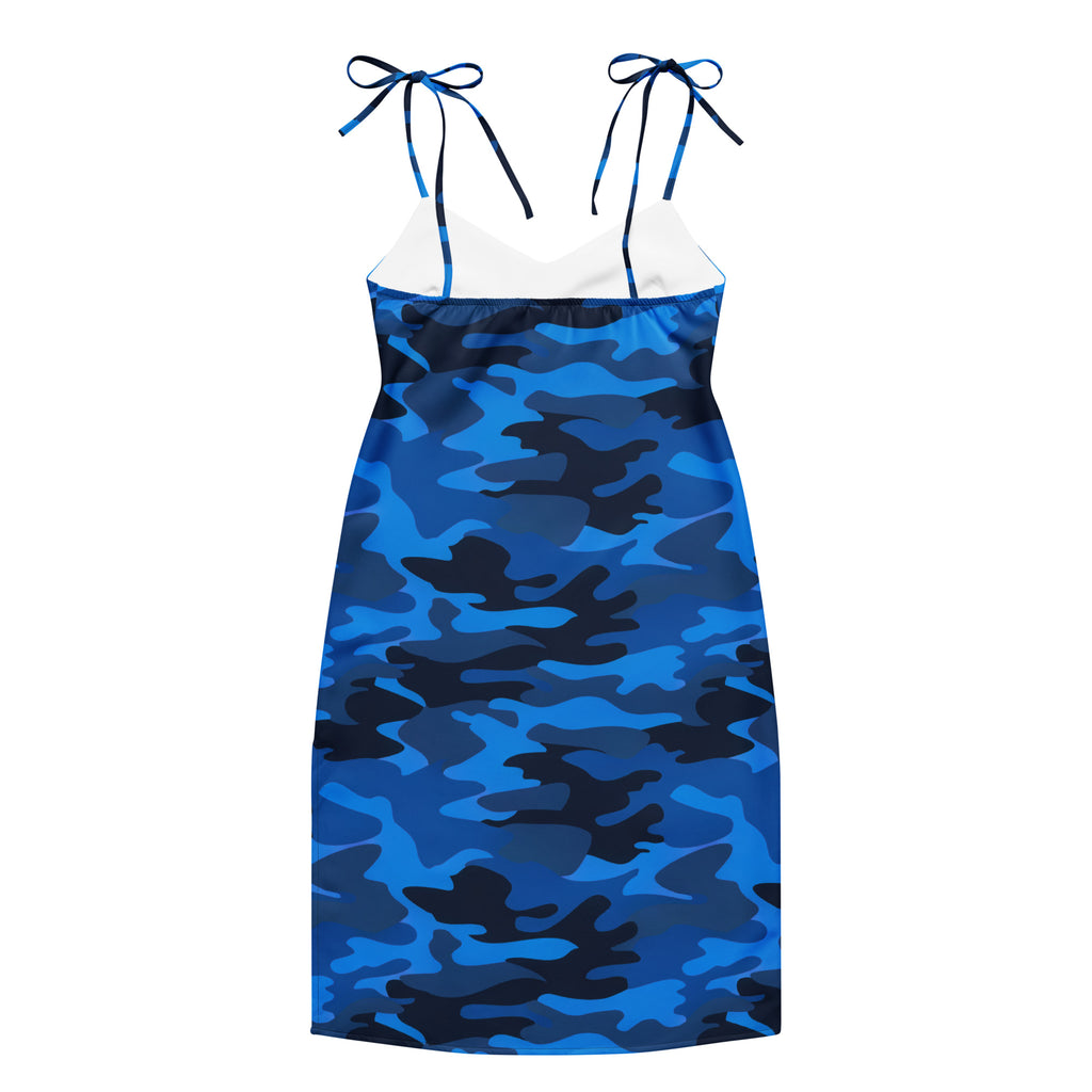 Women’s blue and black camouflage slip dress with adjustable tie spaghetti straps and built-in bra midi dress