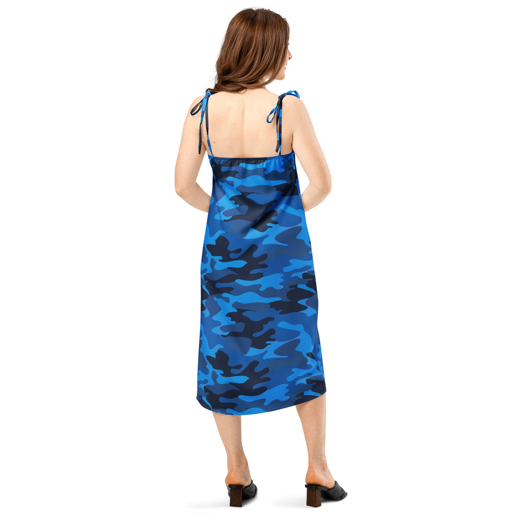 Women’s blue and black camouflage slip dress with thin adjustable tie straps and built in bra midi dress