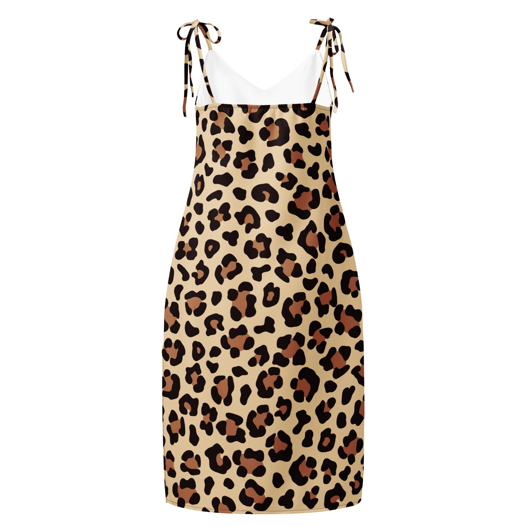 Beige leopard print midi slip dress with adjustable spaghetti tie straps and built in bra for women
