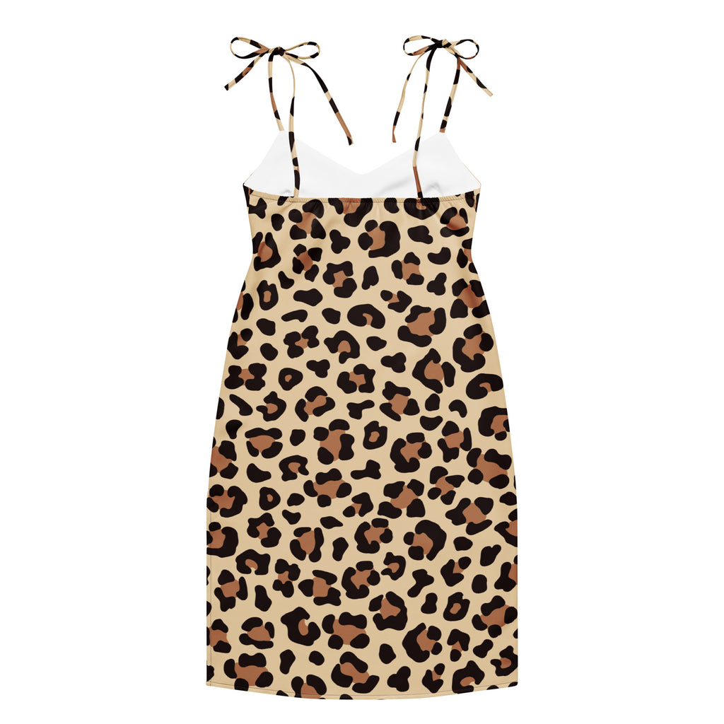 Beige leopard print women’s slip midi dress with black and brown spots featuring tied adjustable shoulder straps and built in bra