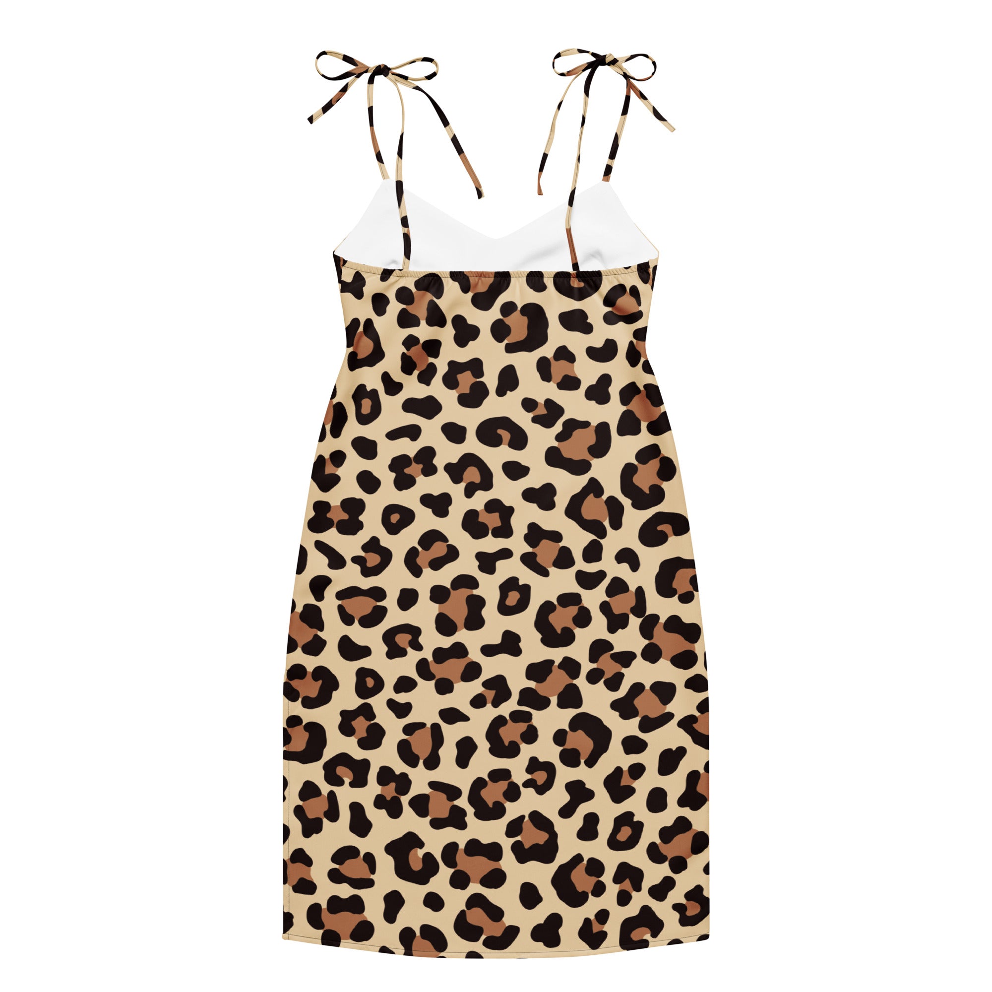 Beige leopard print women’s slip midi dress with black and brown spots featuring tied adjustable shoulder straps and built in bra