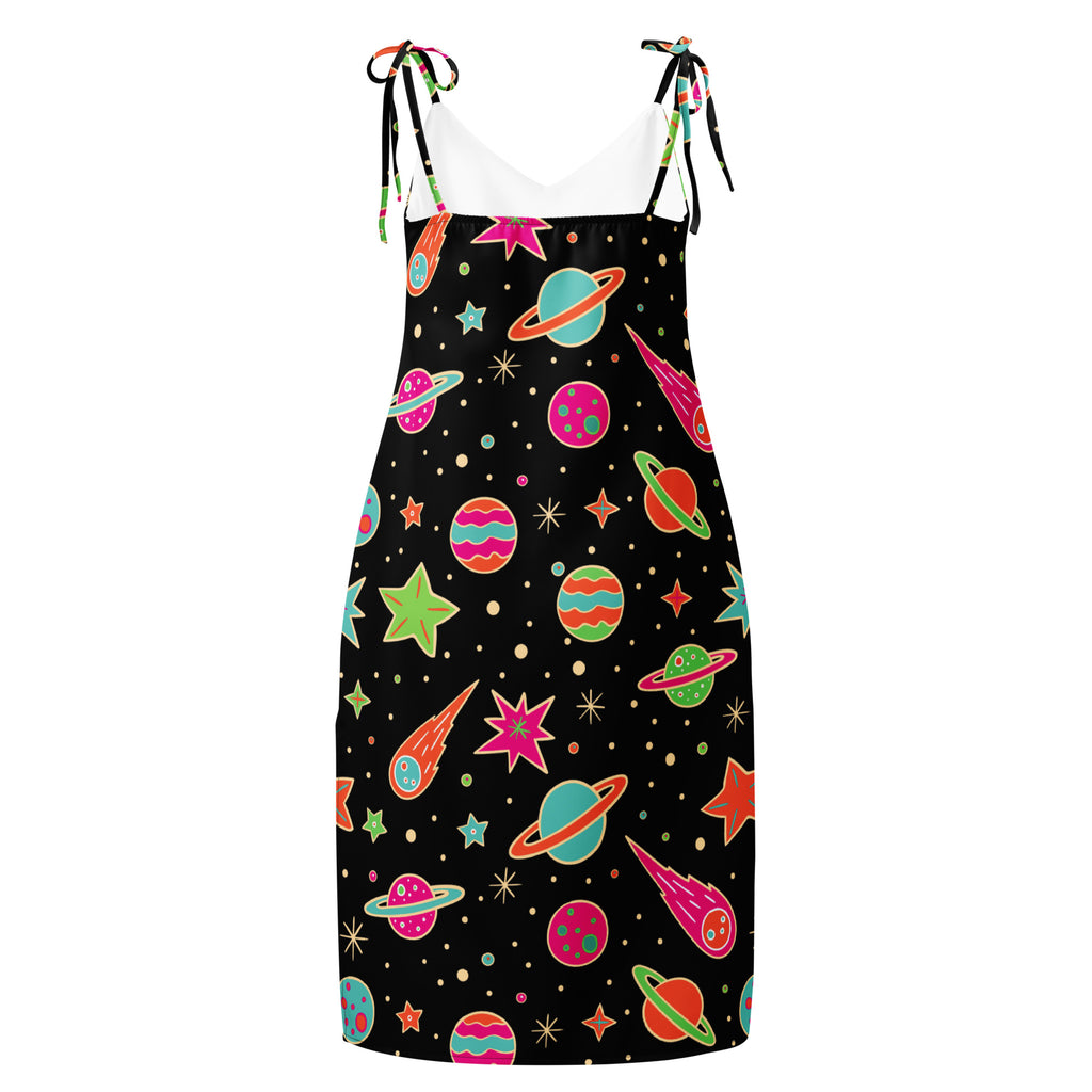 Women’s retro neon space slip dress in black with colorful planets stars comets and adjustable tie straps