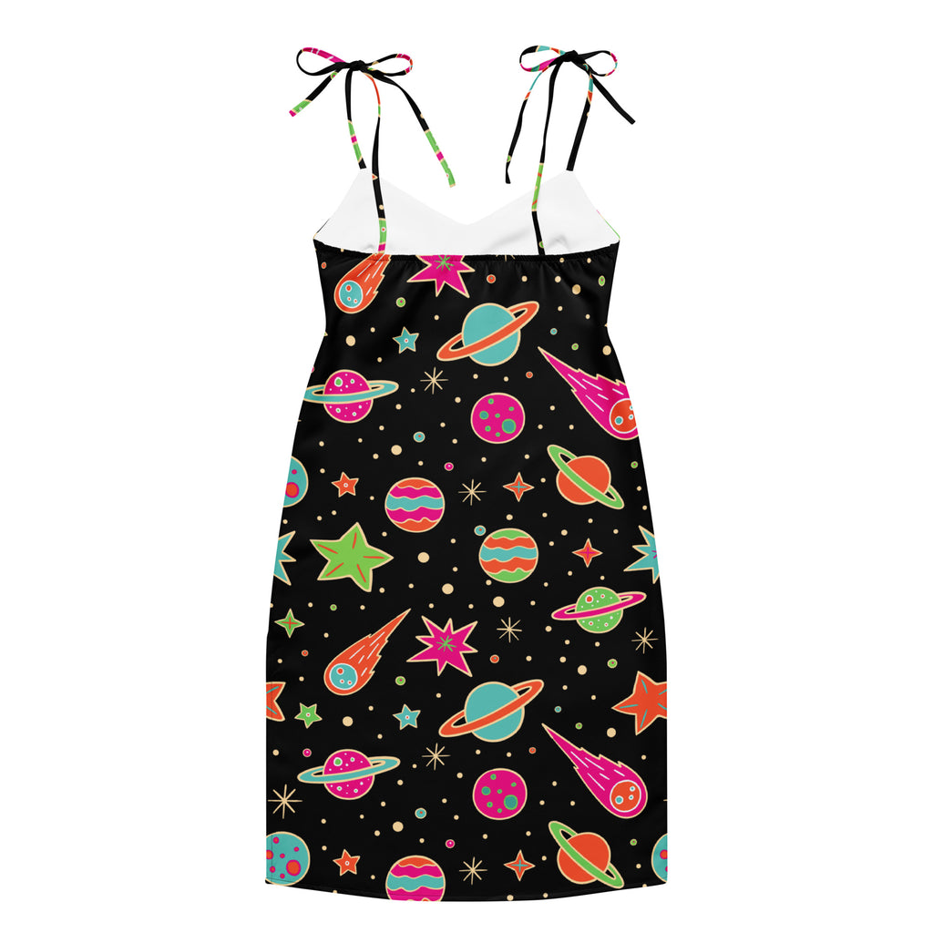 Black space-themed midi slip dress with colorful planets stars comets on glossy fabric and adjustable tie straps
