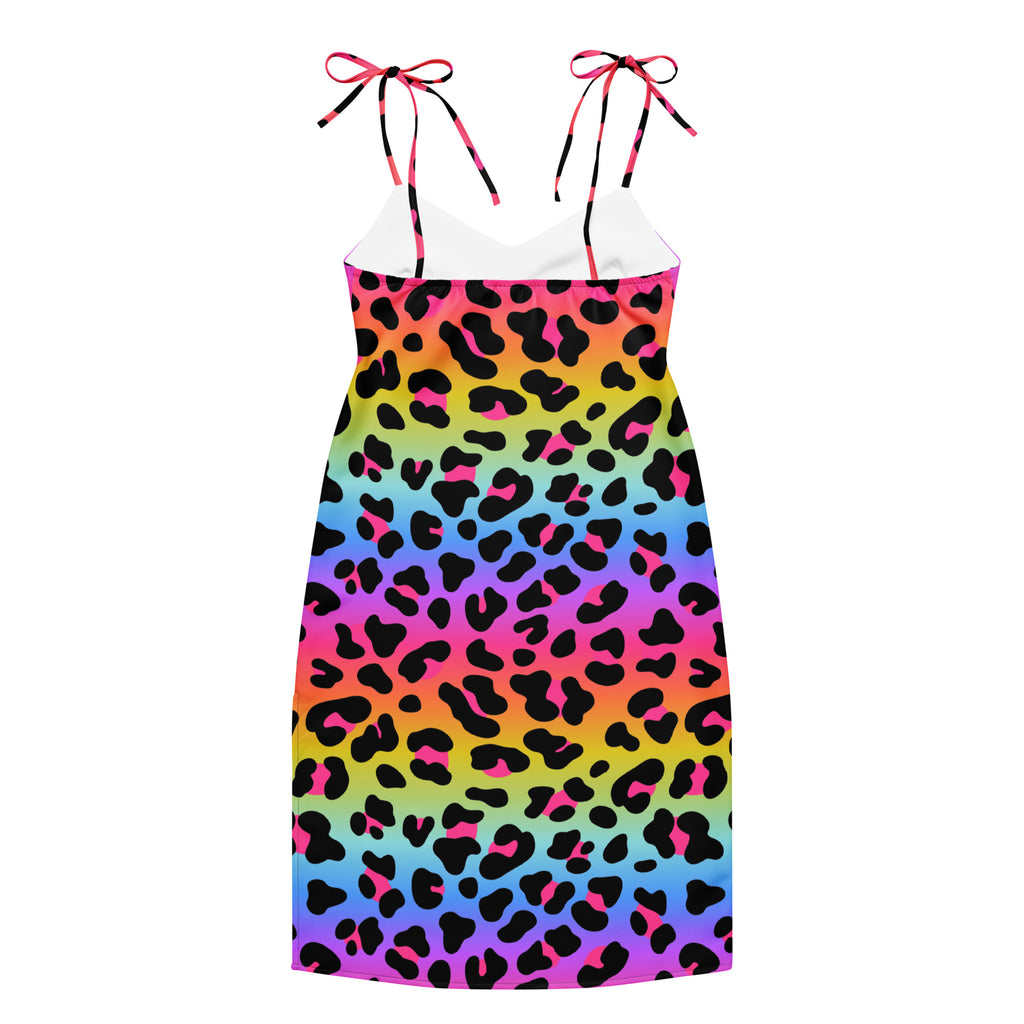 Multicolored leopard print dress with pink straps on a white background