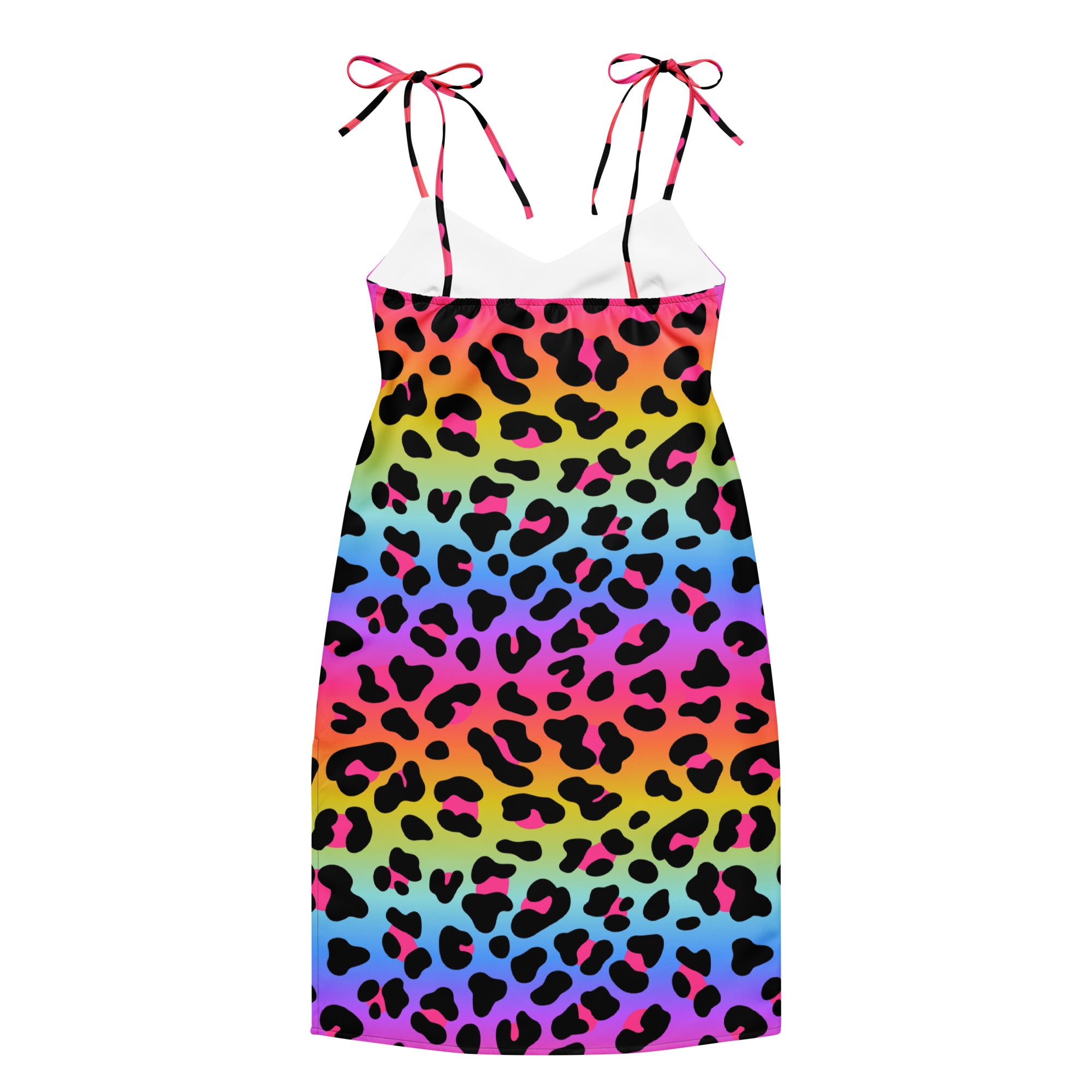 Multicolored leopard print dress with pink straps on a white background