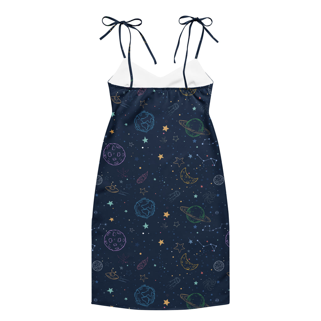 Navy dress with space-themed pattern on a white background
